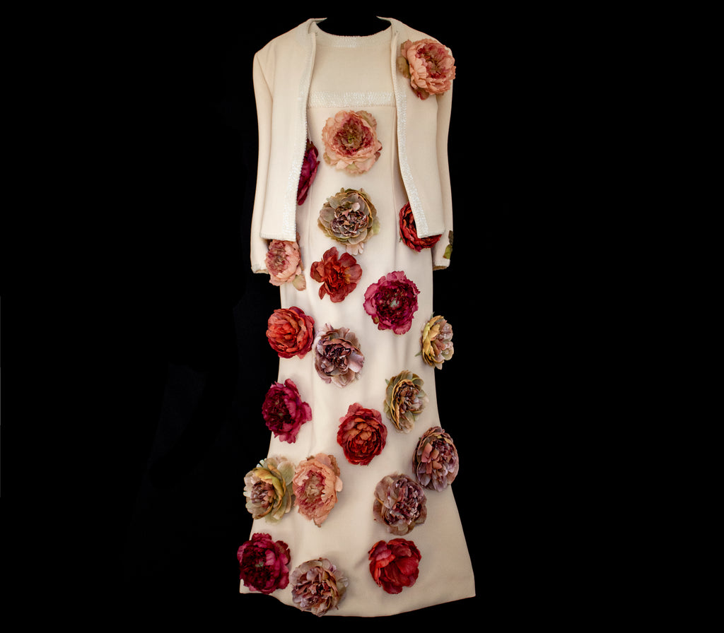 326 - SUSTAINABLE VINTAGE BRIDAL SET: WOOL CREPE DRESS & JACKET WITH COLORFUL PEONIES