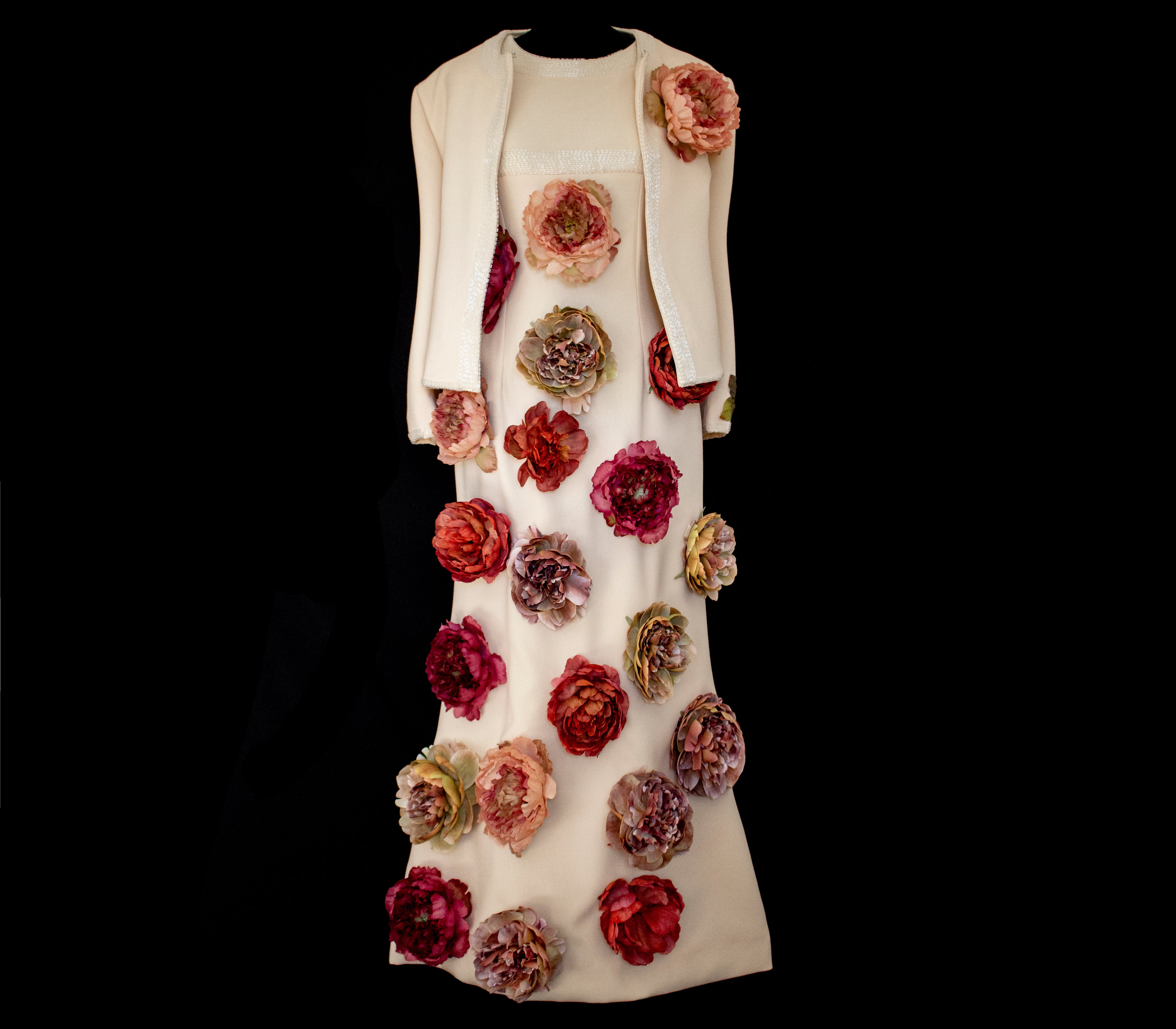326 - SUSTAINABLE VINTAGE BRIDAL SET: WOOL CREPE DRESS & JACKET WITH COLORFUL PEONIES