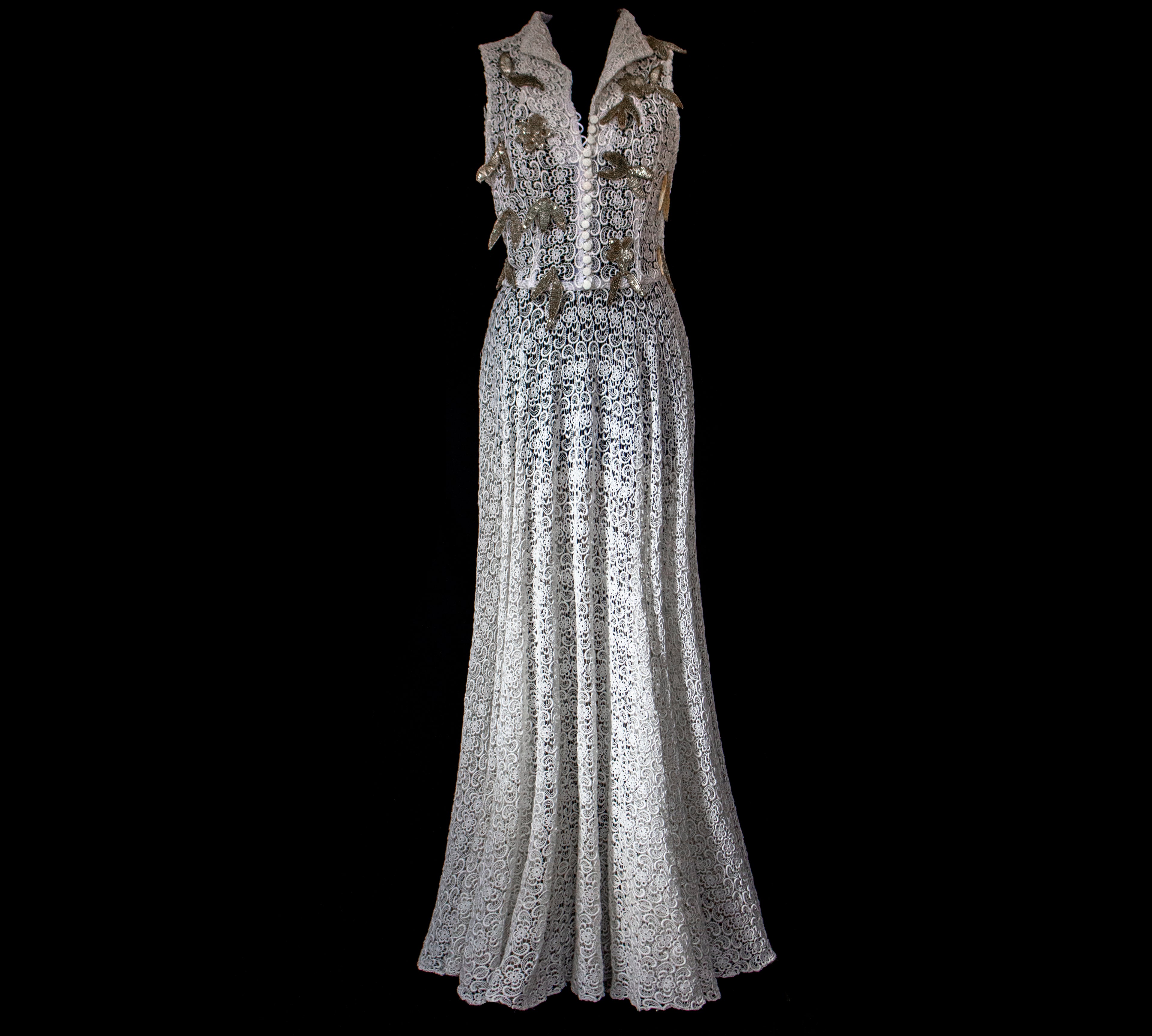 265 - RARE BOHO VINTAGE MACRAMÉ LACE SHIRT-DRESS: SOPHISTICATED CHEMISIER BRIDAL GOWN WITH SILVER SEQUINS