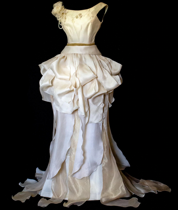 357 - VINTAGE 90s UPCYCLED SILK ORGANZA WEDDING DRESS: EMBROIDERED GOWN WITH HANDMADE FRINGE