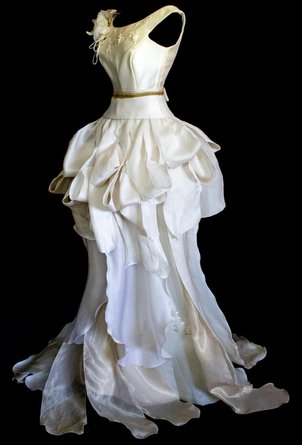 357 - VINTAGE 90s UPCYCLED SILK ORGANZA WEDDING DRESS: EMBROIDERED GOWN WITH HANDMADE FRINGE