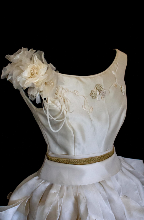 357 - VINTAGE 90s UPCYCLED SILK ORGANZA WEDDING DRESS: EMBROIDERED GOWN WITH HANDMADE FRINGE