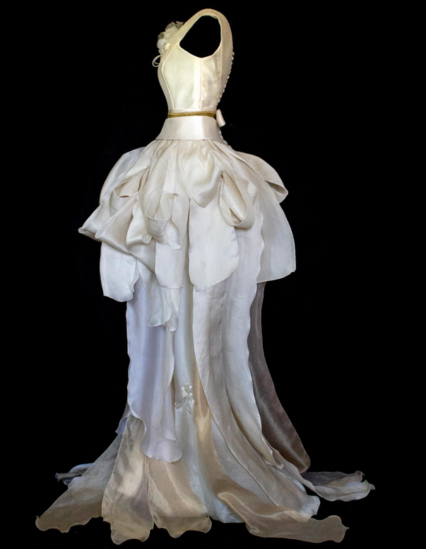 357 - VINTAGE 90s UPCYCLED SILK ORGANZA WEDDING DRESS: EMBROIDERED GOWN WITH HANDMADE FRINGE
