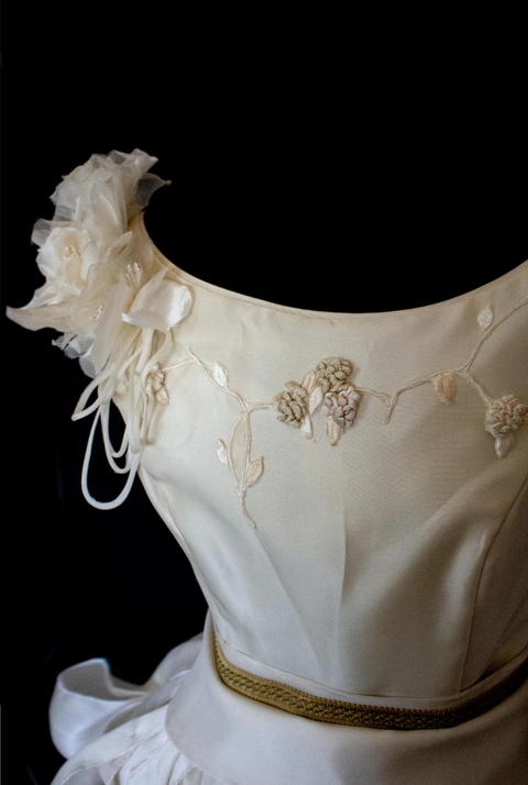 357 - VINTAGE 90s UPCYCLED SILK ORGANZA WEDDING DRESS: EMBROIDERED GOWN WITH HANDMADE FRINGE