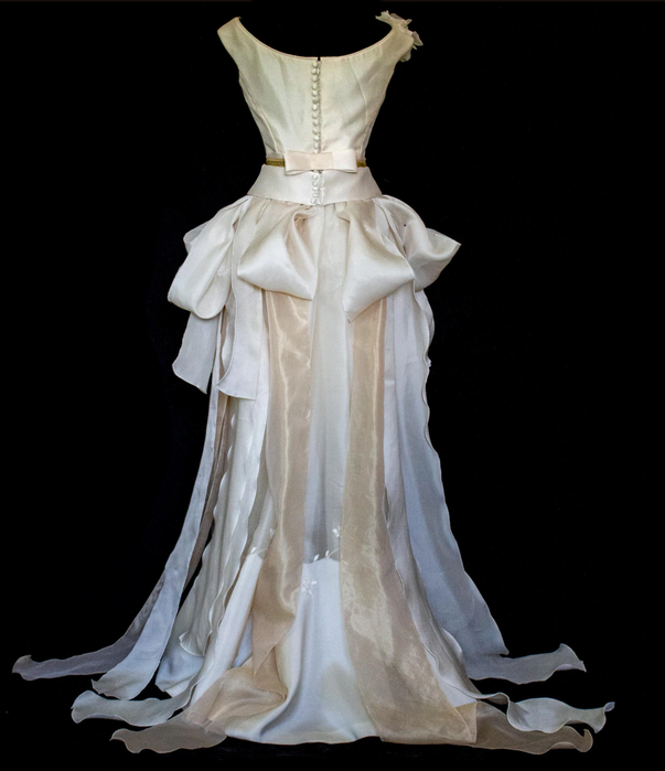 357 - VINTAGE 90s UPCYCLED SILK ORGANZA WEDDING DRESS: EMBROIDERED GOWN WITH HANDMADE FRINGE