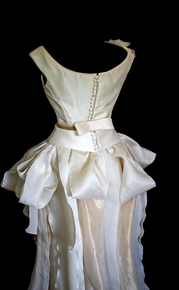 357 - VINTAGE 90s UPCYCLED SILK ORGANZA WEDDING DRESS: EMBROIDERED GOWN WITH HANDMADE FRINGE