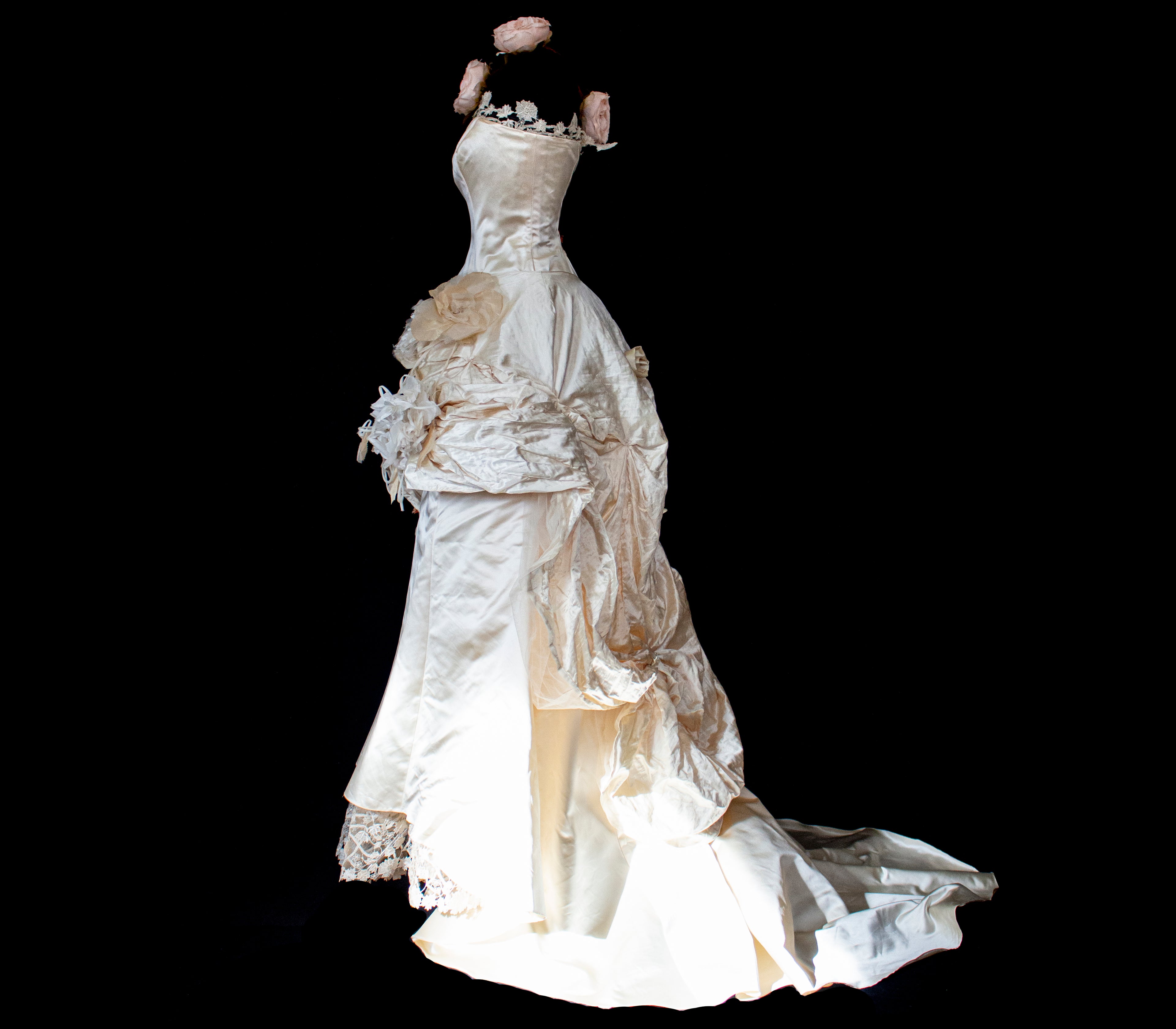 348 - UNIQUE UPCYCLED SILK MERMAID WEDDING DRESS: 90S CREAM TAFFETA GOWN WITH PINK PEONIES, EMBOSSED FLORAL DETAILS & BOHO ROMANTIC STYLE