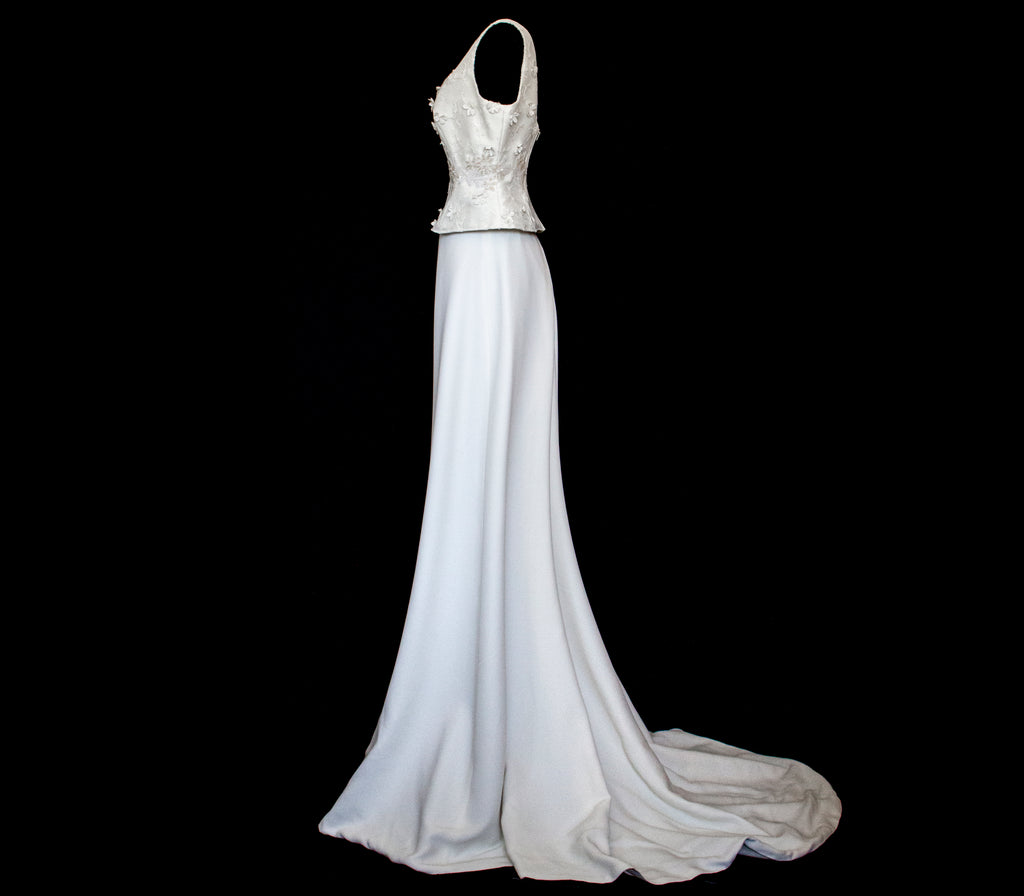 293 - UNIQUE UPCYCLED 3-PIECE BRIDAL SET: 3D FLORAL TOP, MIKADO SKIRT & BRIDAL VEST