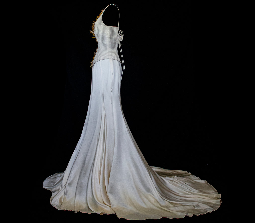 300 - SOPHISTICATED PURE SILK VINTAGE BRIDAL SET: HALTER TOP WITH ANTIQUE GOLD SEQUIN FLOWERS & MATCHING VEIL - Vague atelier