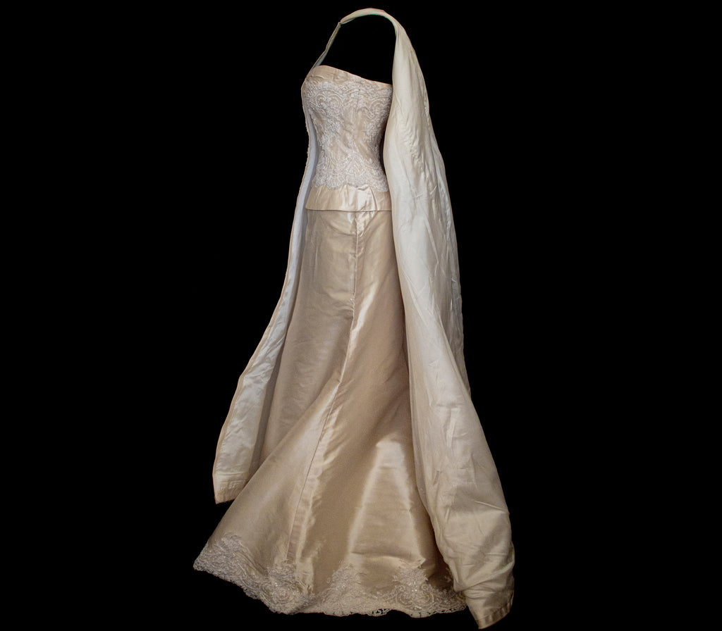 334 - IVORY SILK MIKADO VINTAGE WEDDING DRESS: COLUMN GOWN WITH EMBROIDERED CAPE & CRYSTALS - Vague atelier