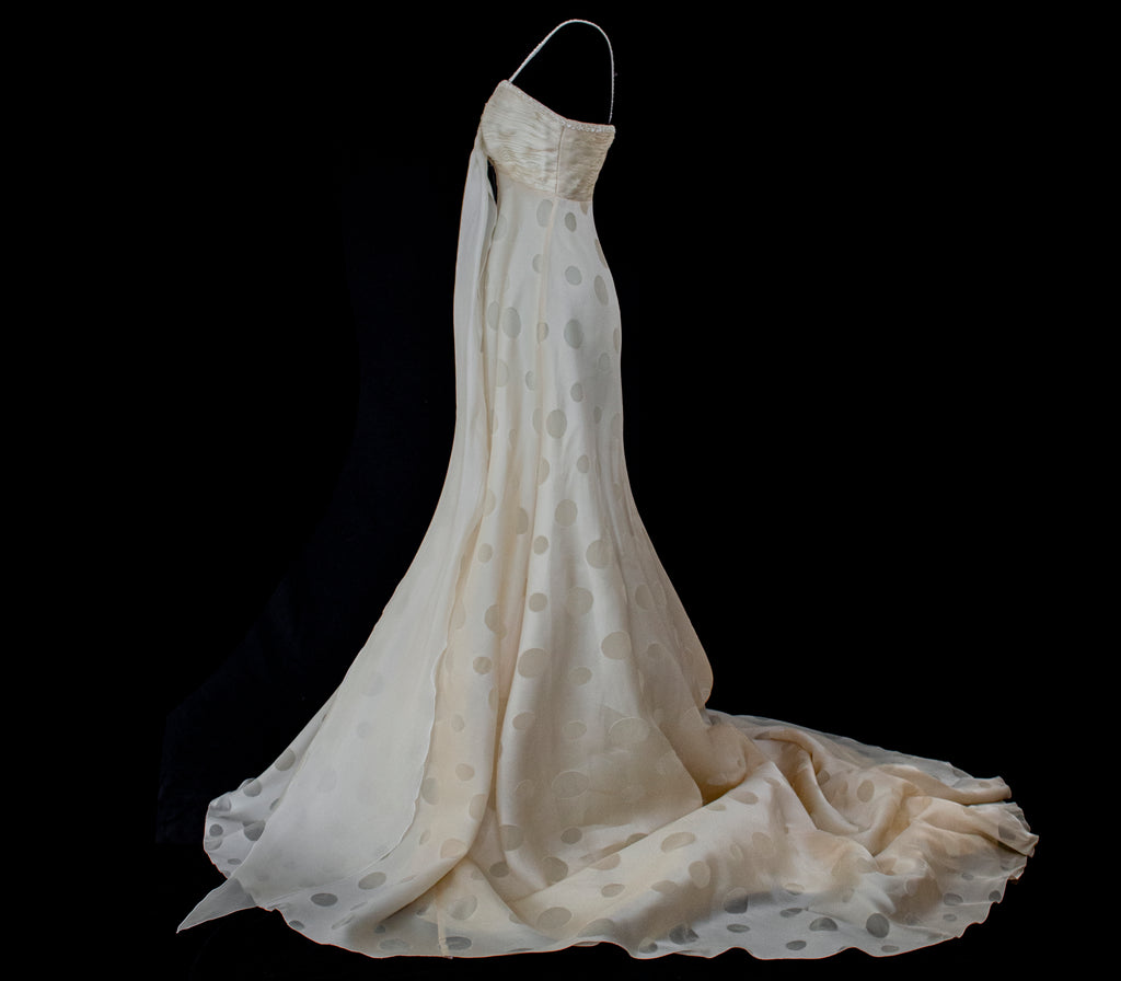 338 - IVORY CHAMPAGNE SILK ORGANZA WEDDING DRESS: POLKA / POIS DOT EMPIRE GOWN WITH BEADED STRAPS & FULL CIRCLE TRAIN - Vague atelier