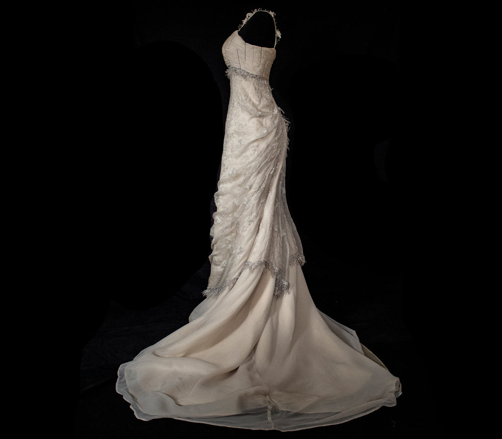 336 - DARK BEIGE SILK EMPIRE WEDDING DRESS: VINTAGE 90s GOWN WITH ROARING 20s DETAILS & SILVER EMBROIDERY - Vague atelier