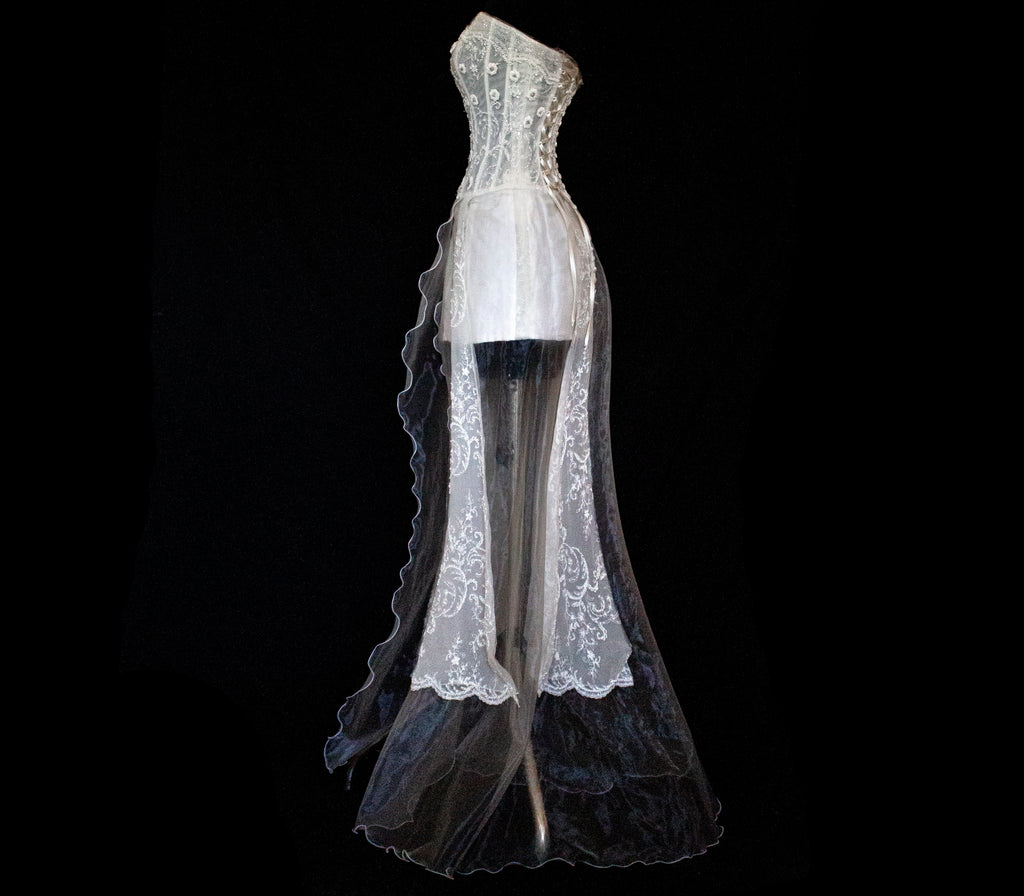 365 - VINTAGE 90s UPCYCLED EMBROIDERED WEDDING DRESS: STRAPLESS WRAP GOWN WITH IRIDESCENT DRAMA CAPE