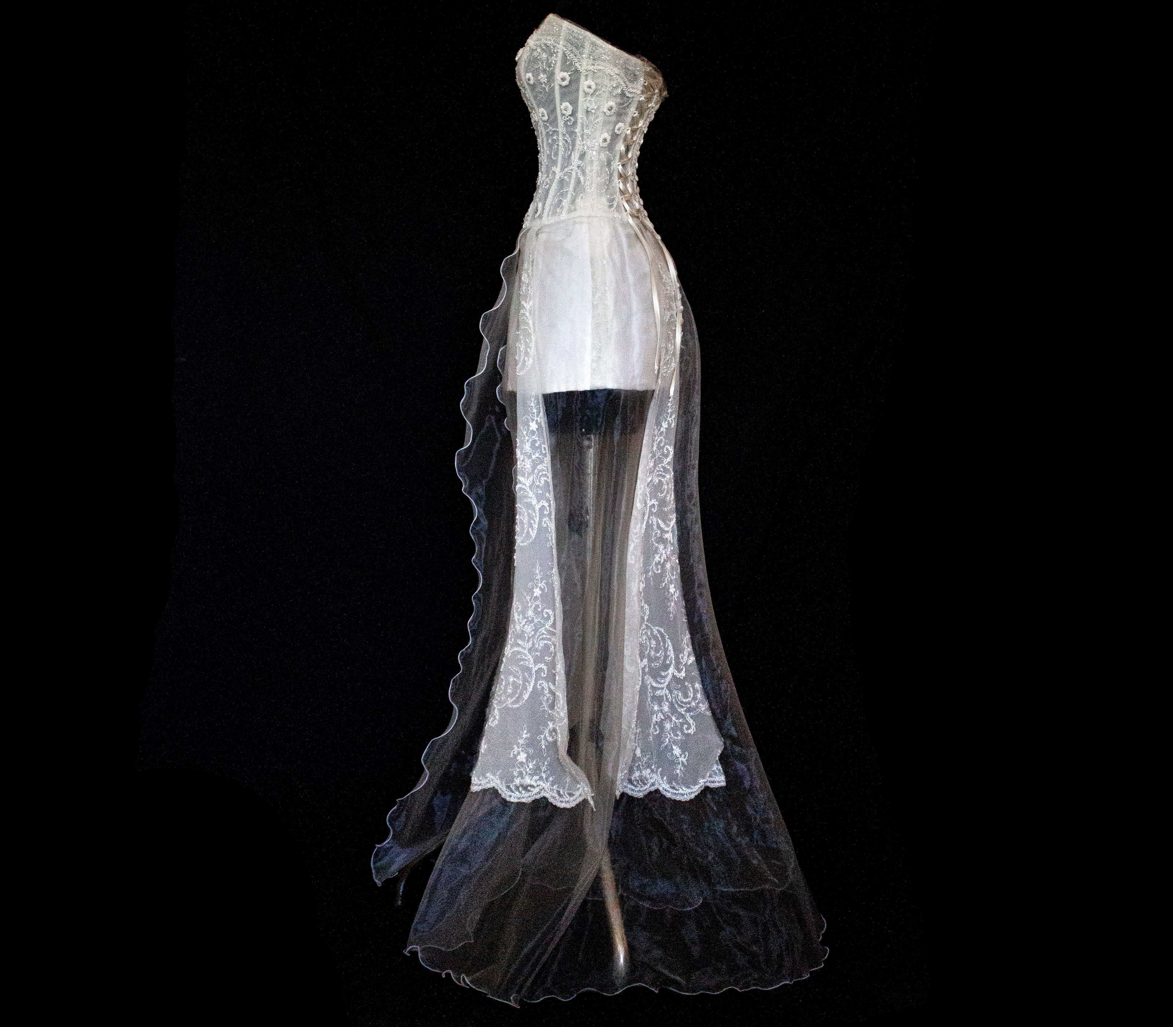 365 - VINTAGE 90s UPCYCLED EMBROIDERED WEDDING DRESS: STRAPLESS WRAP GOWN WITH IRIDESCENT DRAMA CAPE