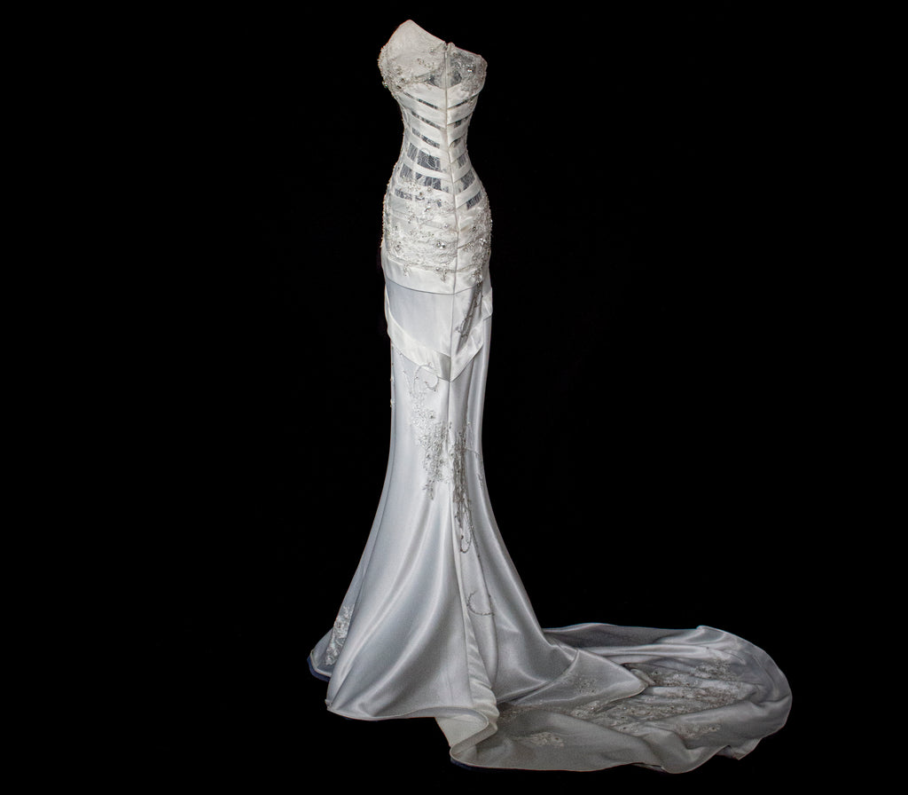 328 - SENSUAL Y2K VINTAGE BRIDAL MERMAID: SHEER ONE-SHOULDER STRETCH SATIN WITH EMBROIDERY - Vague atelier