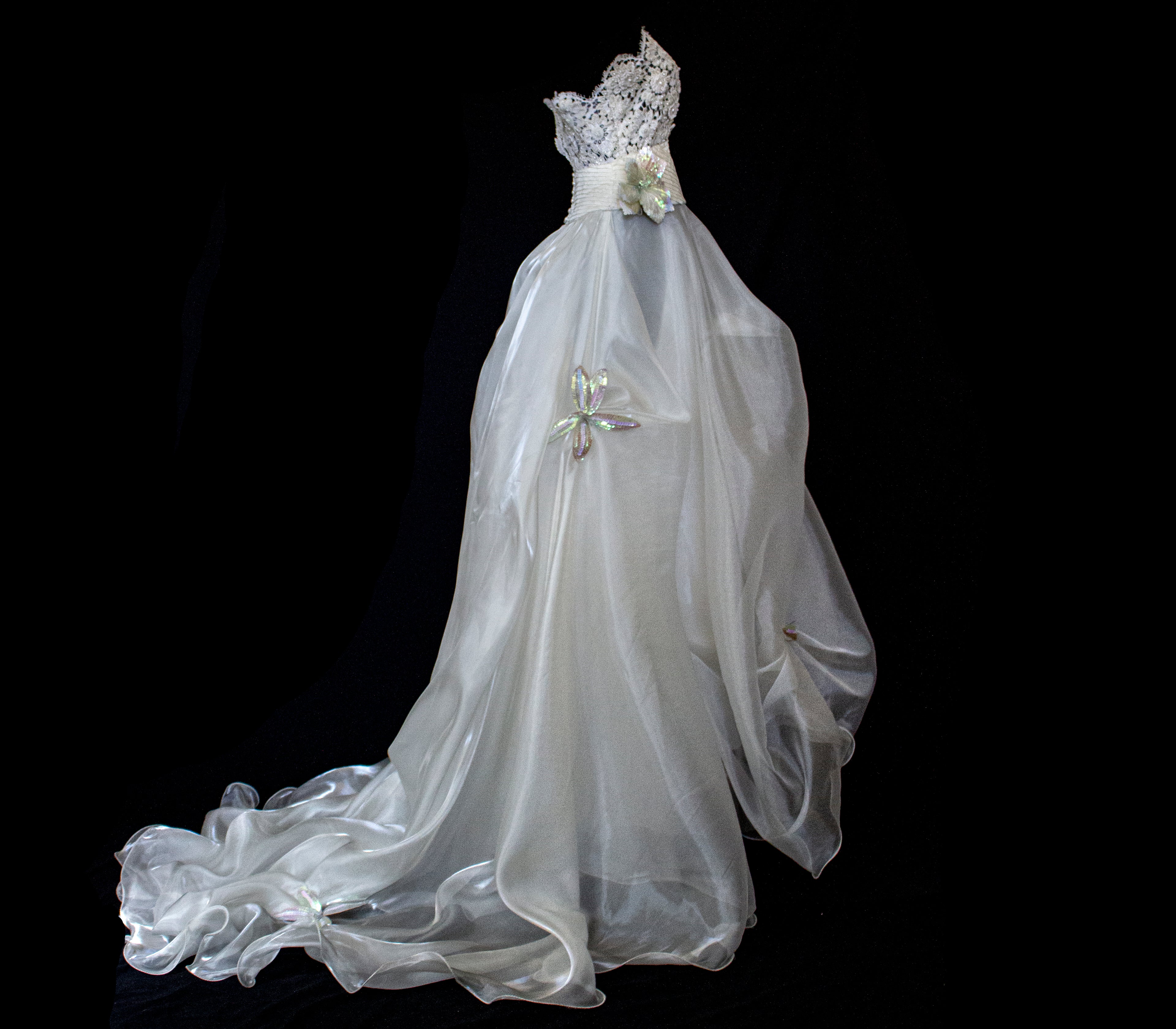 352 - UNIQUE 80S VINTAGE UPCYCLED WEDDING DRESS: EMPIRE WAIST SILK BRIDAL GOWN WITH IRIDESCENT ORGANZA & SEQUIN MAXI FLOWERS - Vague atelier