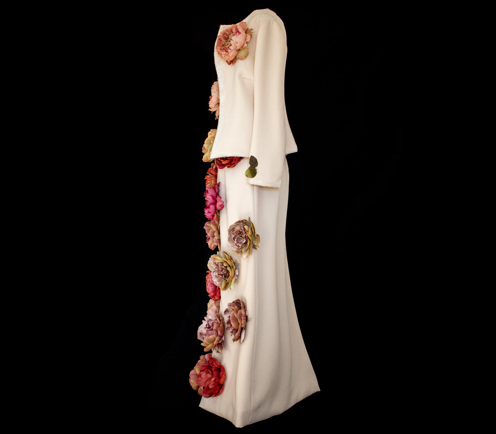 326 - SUSTAINABLE VINTAGE BRIDAL SET: WOOL CREPE DRESS & JACKET WITH COLORFUL PEONIES
