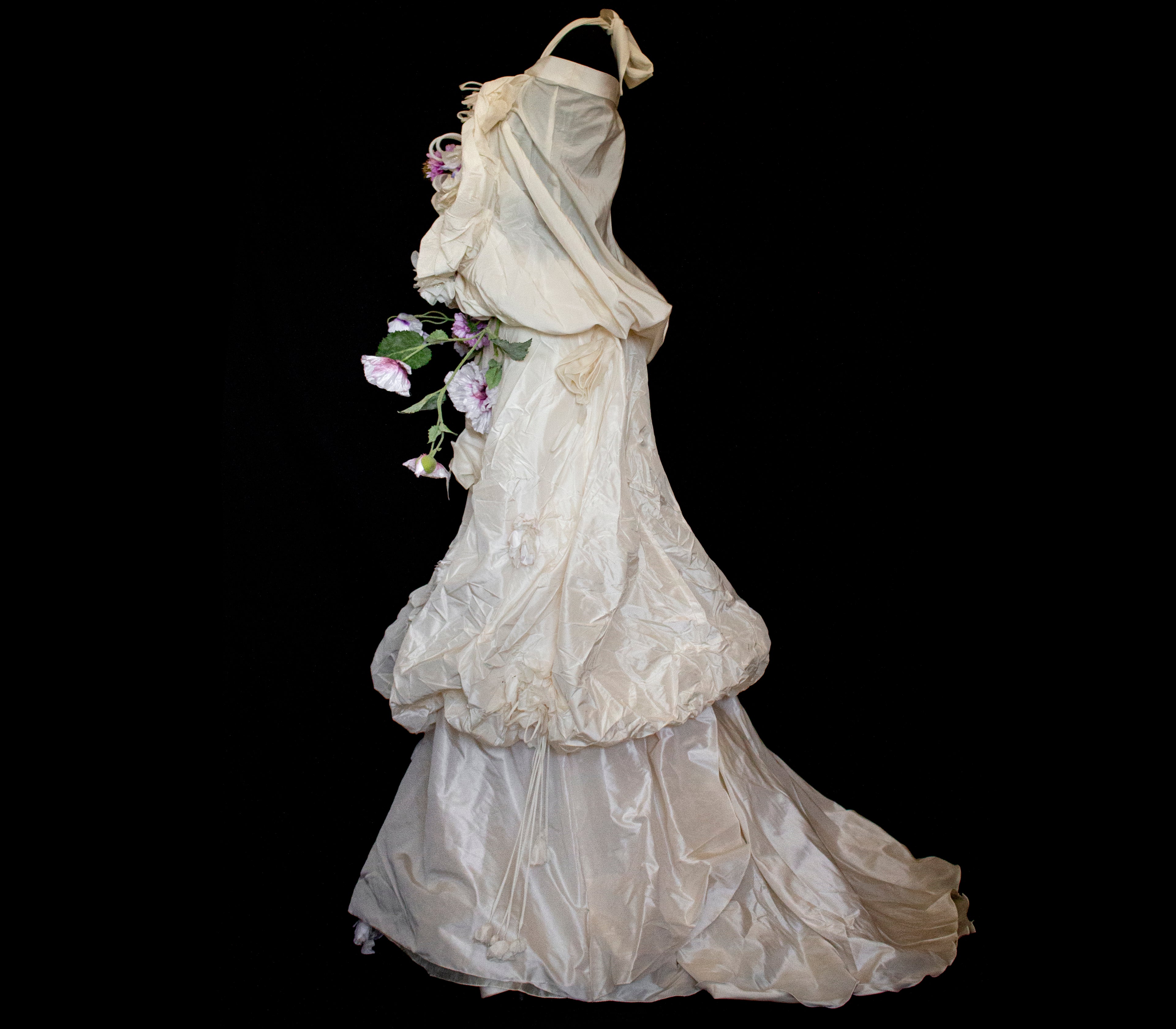 297- UNIQUE ROMANTIC VINTAGE SILK TAFFETA ENSEMBLE: BALLOON TOP & 3D MULTICOLOR FLORAL SKIRT - Vague atelier