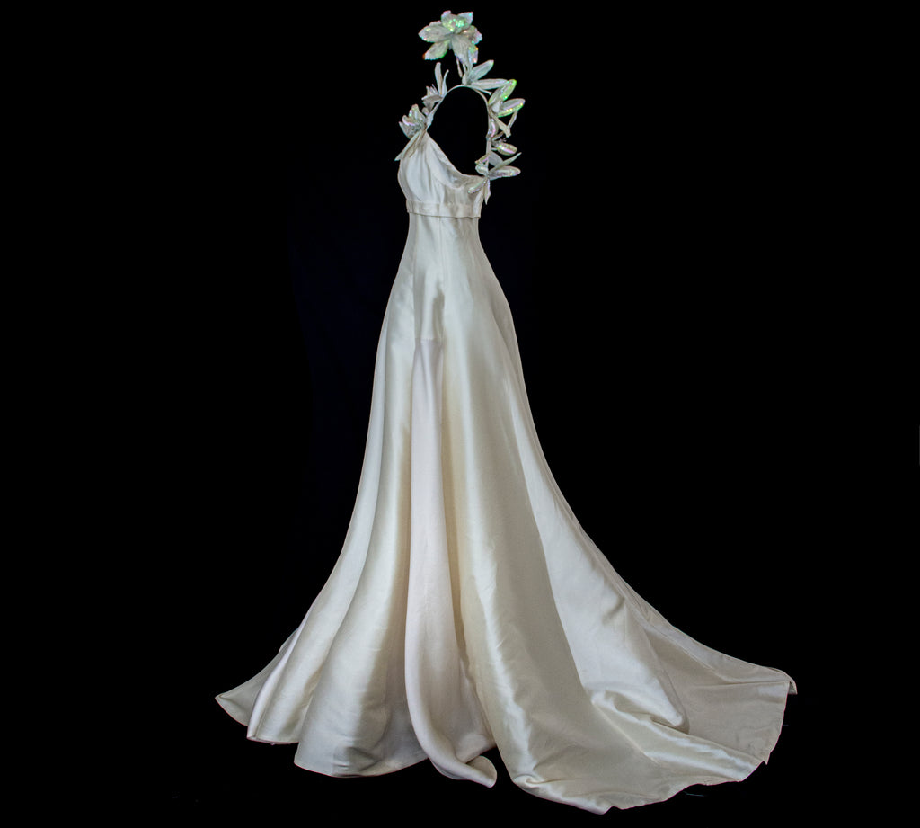 262 - RARE VINTAGE CHAMPAGNE BRIDAL GOWN: SILK MIKADO WITH AUTHENTIC 80S SEQUIN MAXI FLOWERS