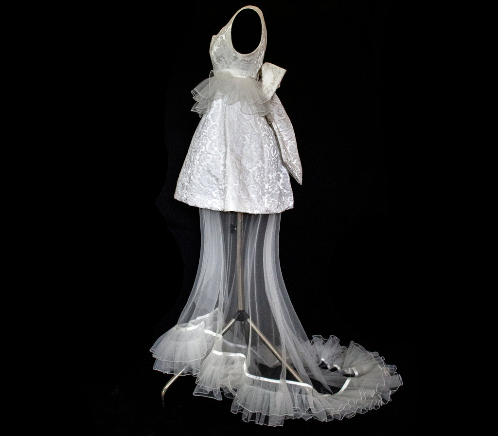 Vintage 90s Mini Wedding Dress | Damask Bridal Dress with Cape & Bow - 368