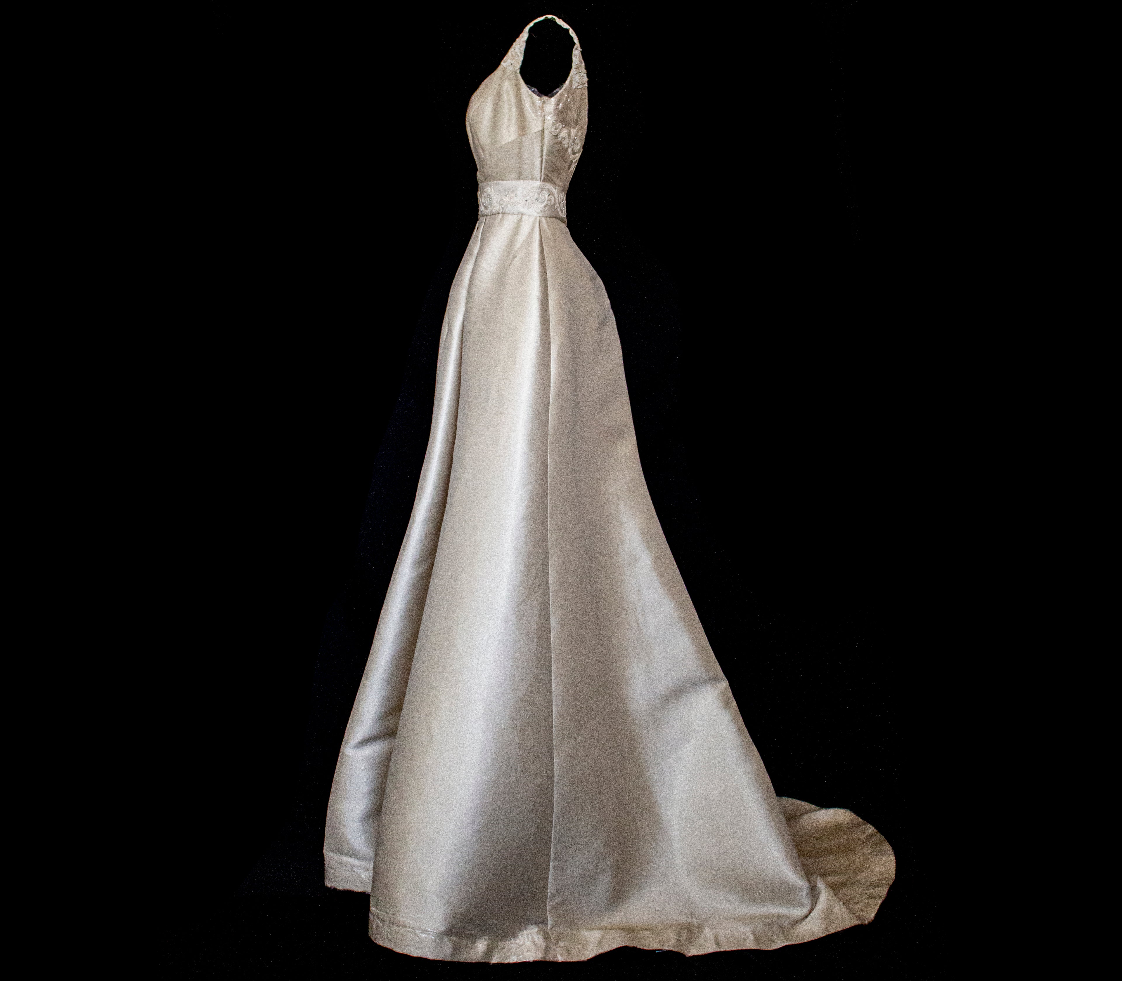 307 - REGAL BRONZE SILK MIKADO WEDDING DRESS: A-LINE GOWN WITH ANTIQUE 1960S EMBROIDERY