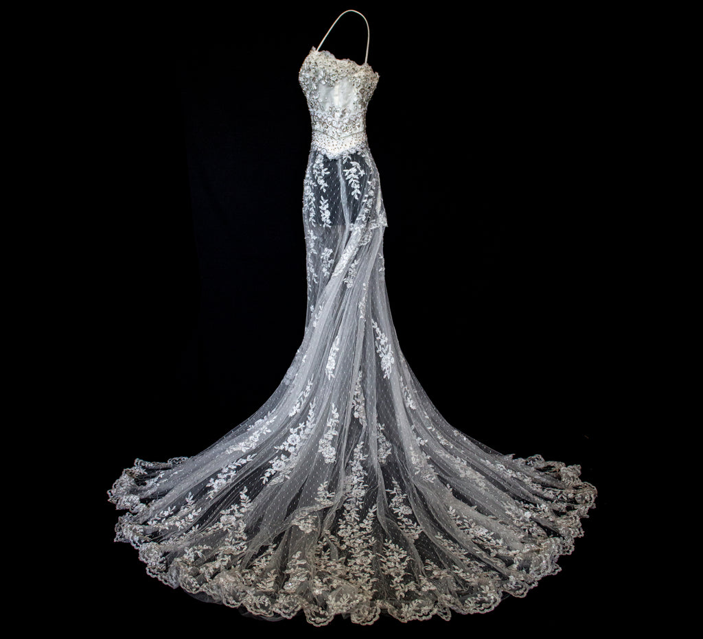 239 - VINTAGE OFF-WHITE MERMAID SWAROVSKI WEDDING DRESS: GOWN WITH NUDE POLKA DOT TULLE & SILVER FLORAL EMBROIDERY