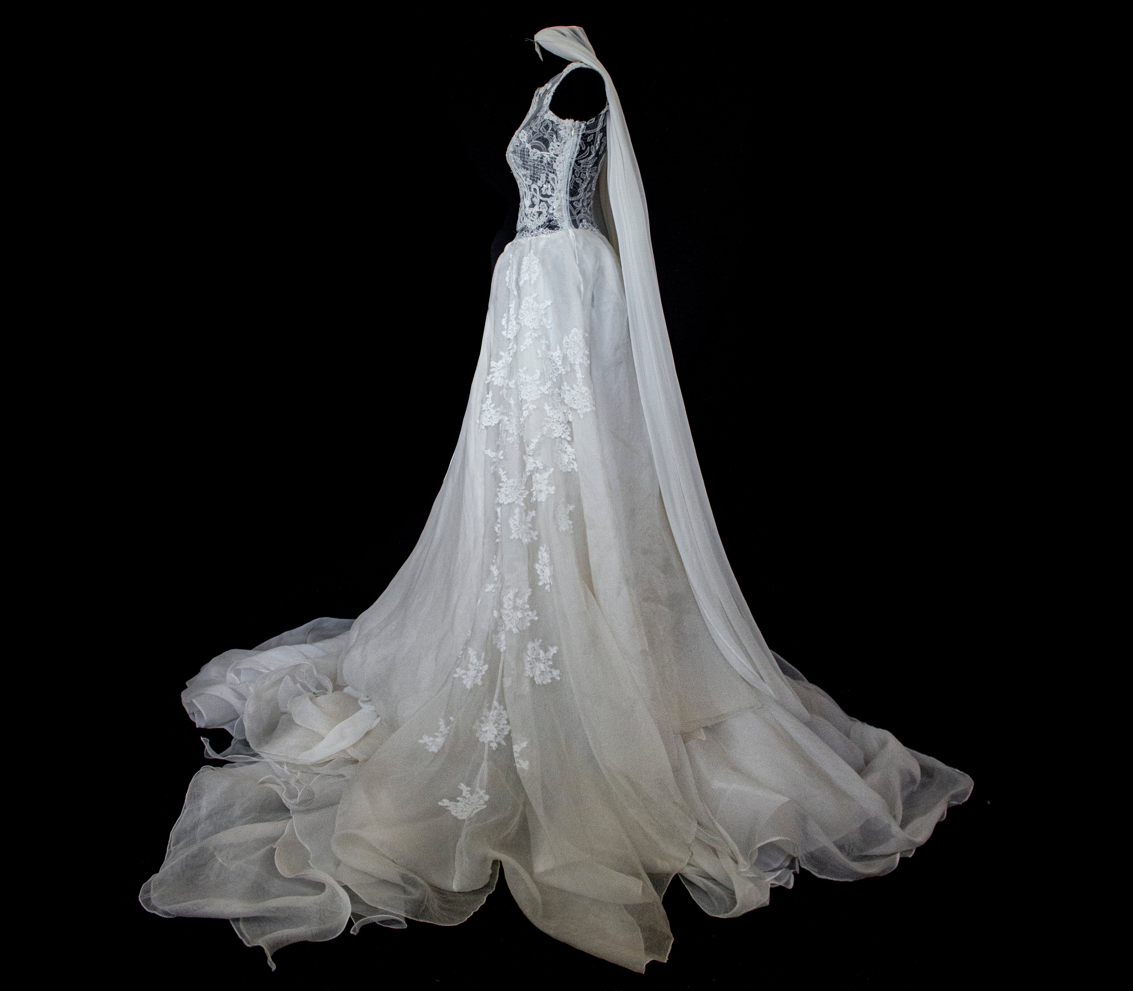 331 - ONE OF A KIND UPCYCLED VINTAGE BRIDAL GOWN: ASYMMETRIC LAYERED SILK CLOUD SKIRT & EMBROIDERED LACE - Vague atelier
