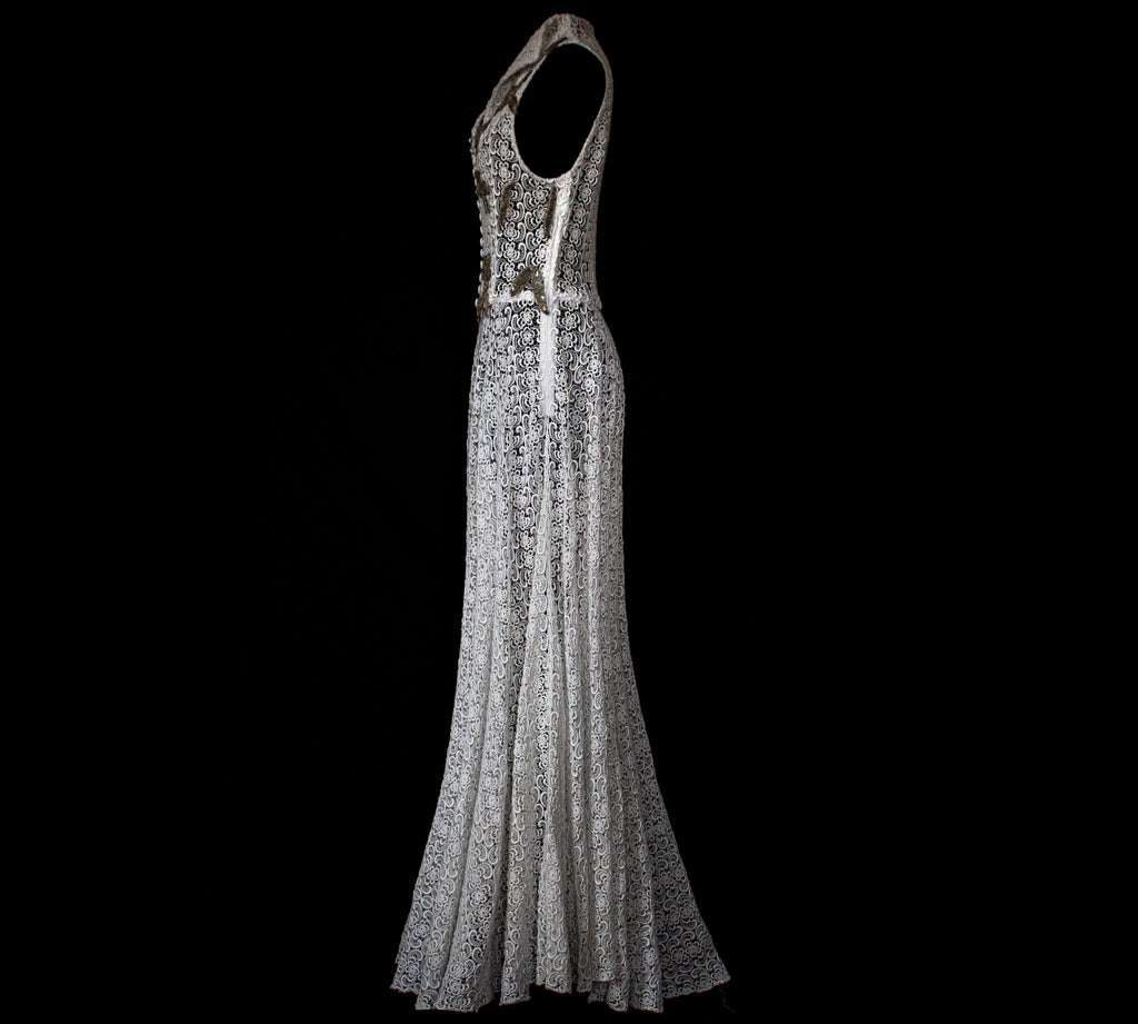 265 - RARE BOHO VINTAGE MACRAMÉ LACE SHIRT-DRESS: SOPHISTICATED CHEMISIER BRIDAL GOWN WITH SILVER SEQUINS - Vague atelier
