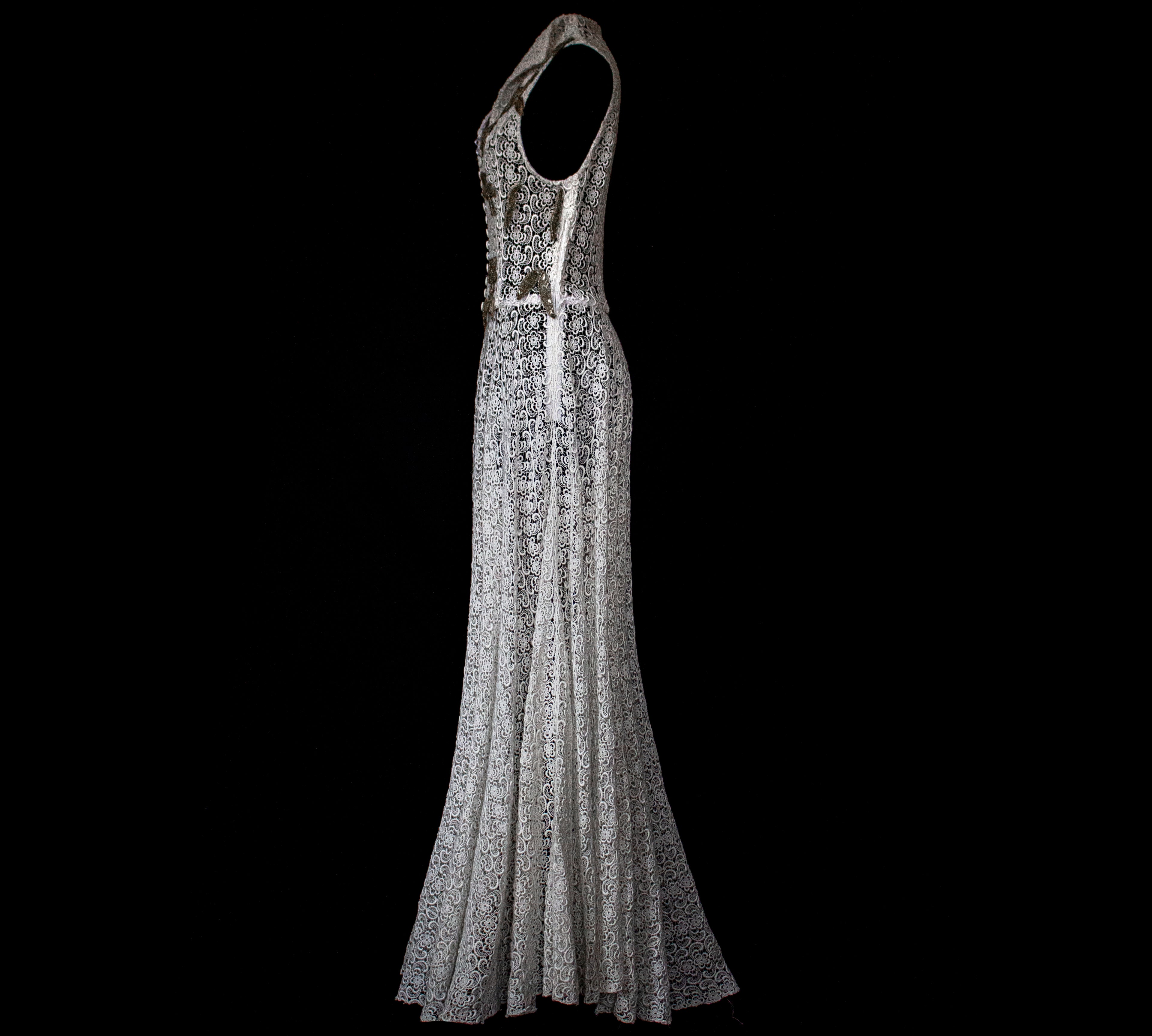 265 - RARE BOHO VINTAGE MACRAMÉ LACE SHIRT-DRESS: SOPHISTICATED CHEMISIER BRIDAL GOWN WITH SILVER SEQUINS - Vague atelier