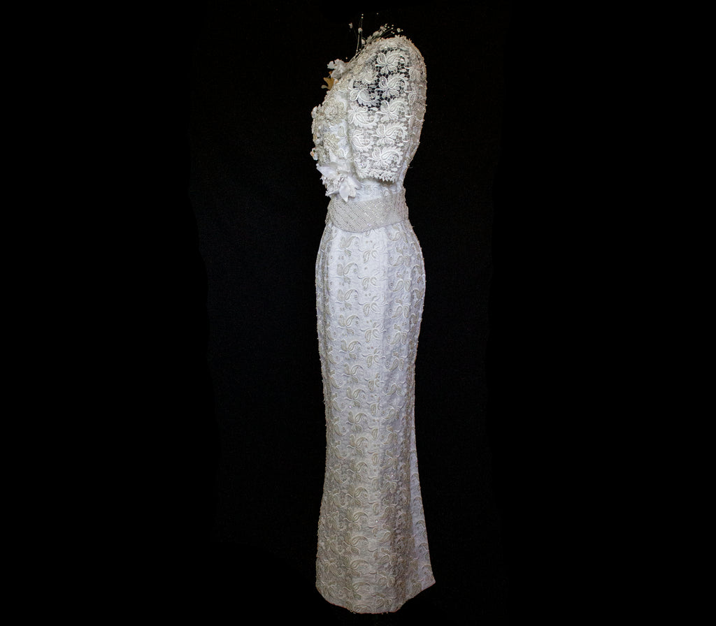 359 - VINTAGE 80s BEADED LACE SHEATH DRESS: WHITE & GOLD WEDDING GOWN WITH 3D FLORAL DETAILS