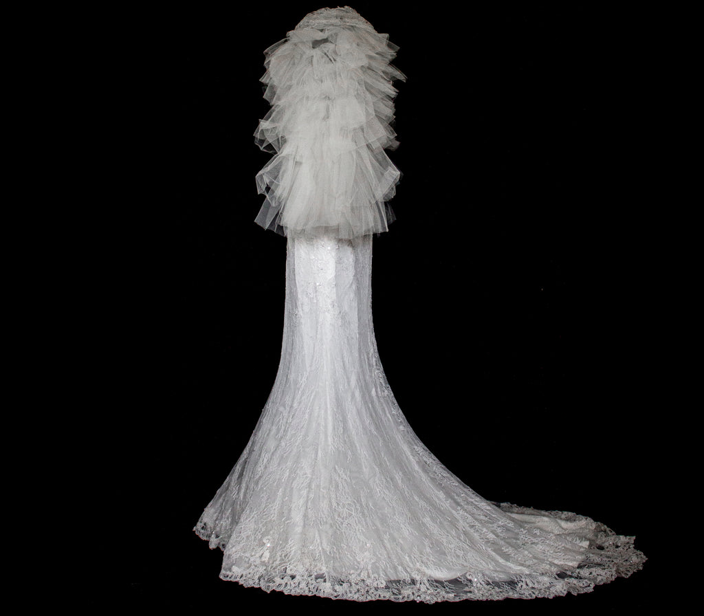 281 - SENSUAL BACKLESS BRIDAL GOWN: NUDE EFFECT EMBROIDERY & VAPOROUS TULLE RUFFLE SLEEVES