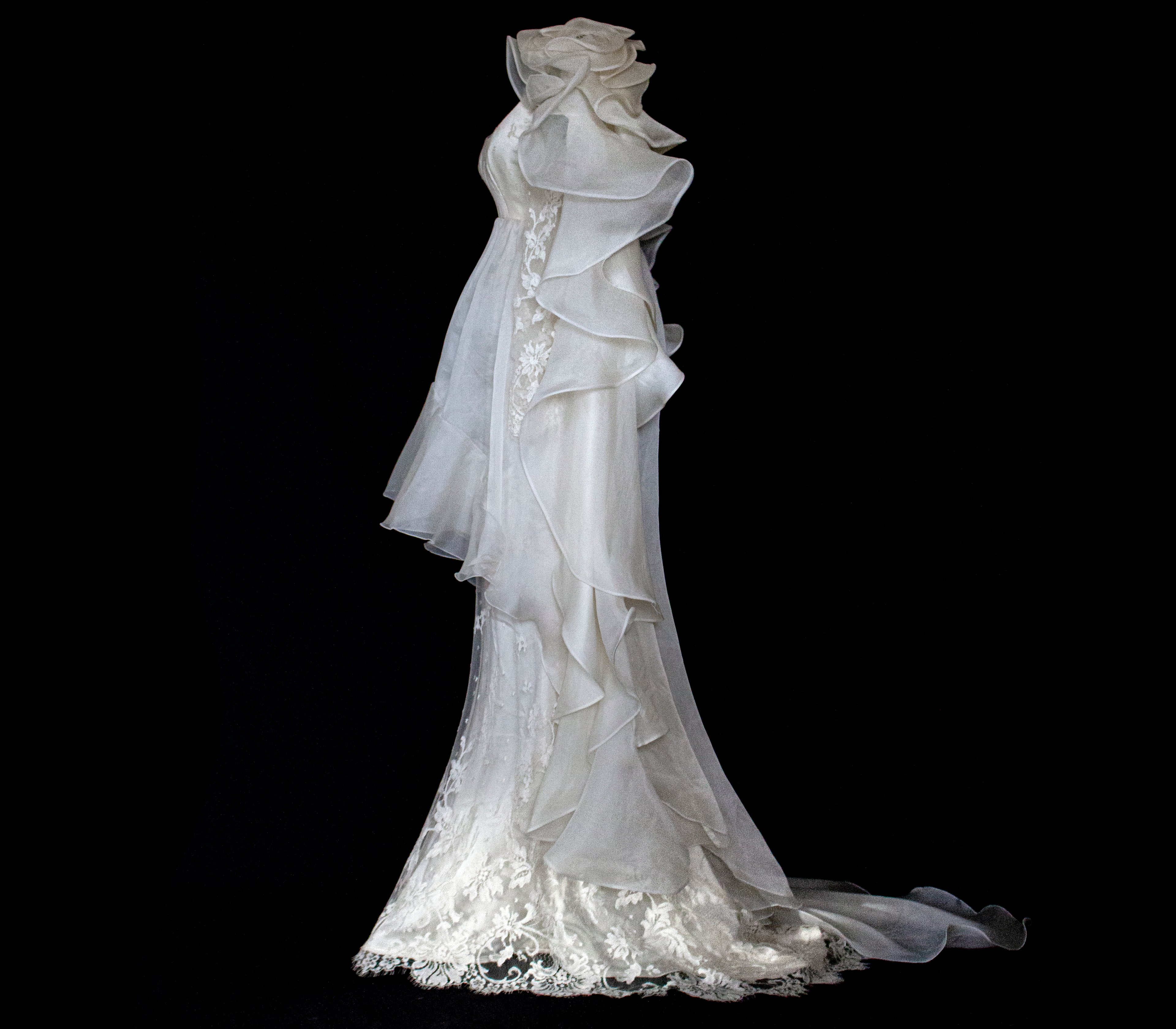 340 - OFF-WHITE SILK ORGANZA & ECRU LACE UPCYCLED WEDDING DRESS: UNIQUE EMPIRE GOWN WITH PLEATED WINGS