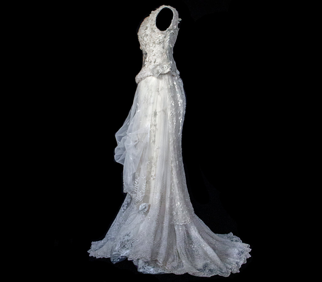 343 - UNIQUE UPCYCLED LACE WEDDING DRESS: VINTAGE BOHO BRIDAL GOWN, 50S 70S SILK EMBROIDERY, GOLD & SILVER LUXURY SUSTAINABLE WEDDING DRESS - Vague atelier