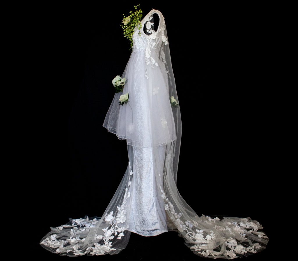 350 - UNIQUE VINTAGE UPCYCLED WEDDING DRESS: PEARL GREY VELVET SHEATH WITH TUTU & MAXI EMBROIDERED BRIDAL CAPE, SPRING BOHO STYLE - Vague atelier