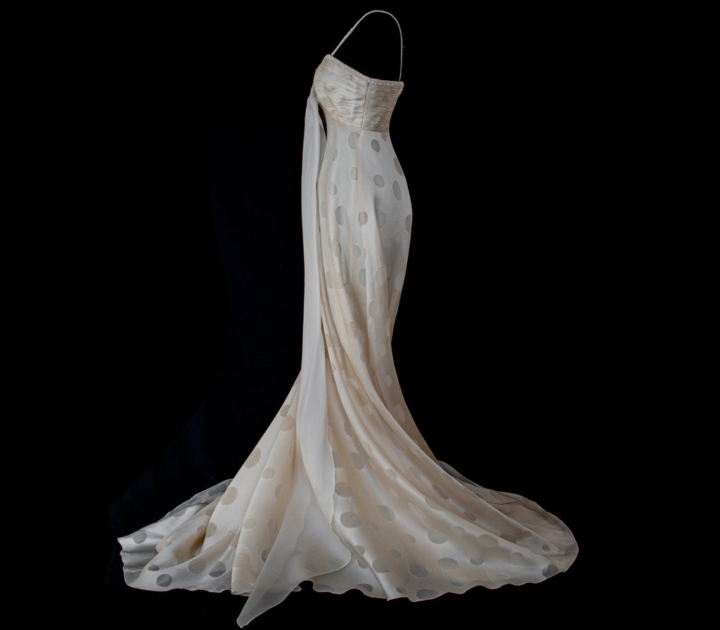 338 - IVORY CHAMPAGNE SILK ORGANZA WEDDING DRESS: POLKA / POIS DOT EMPIRE GOWN WITH BEADED STRAPS & FULL CIRCLE TRAIN - Vague atelier
