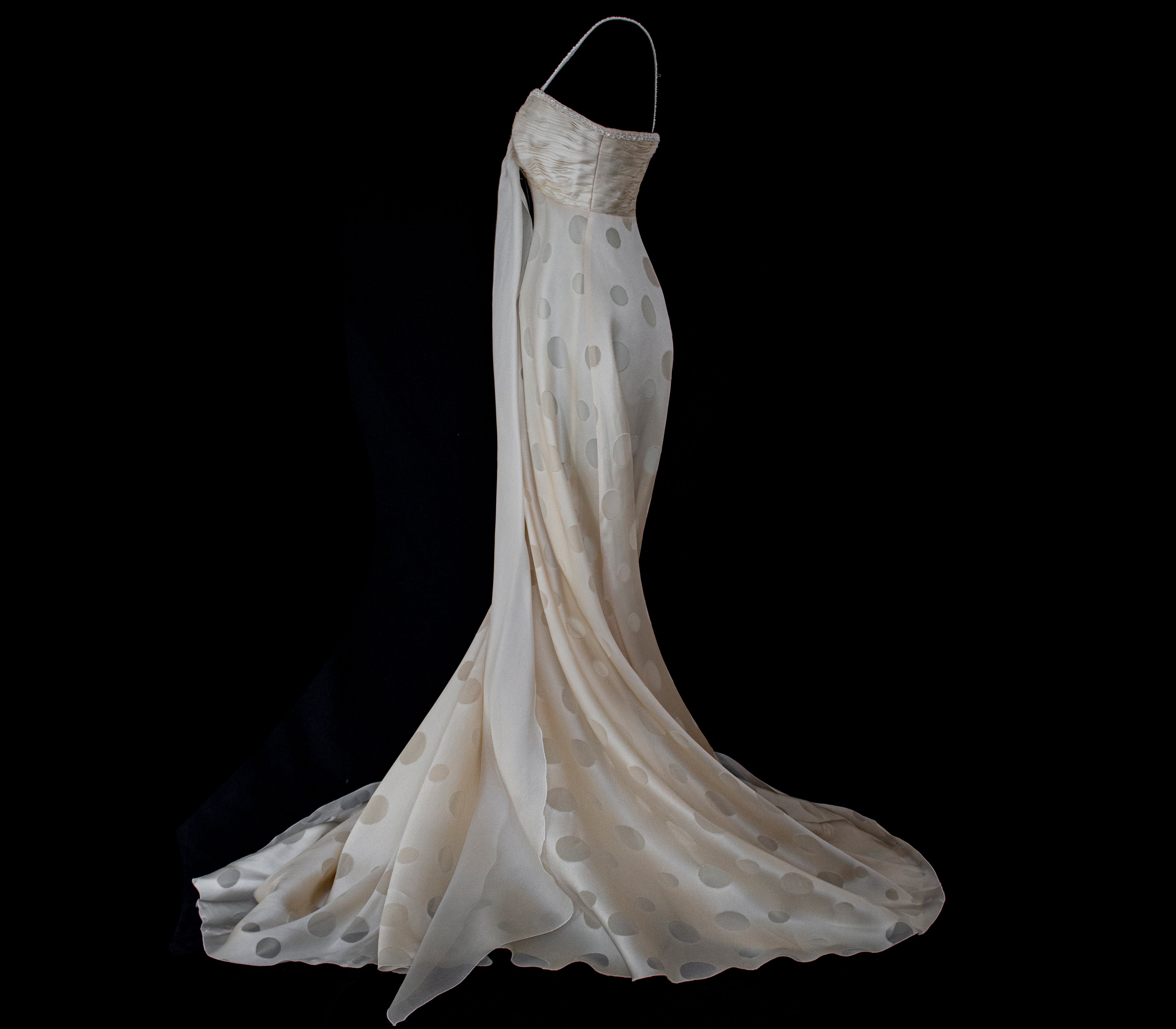 338 - IVORY CHAMPAGNE SILK ORGANZA WEDDING DRESS: POLKA / POIS DOT EMPIRE GOWN WITH BEADED STRAPS & FULL CIRCLE TRAIN - Vague atelier