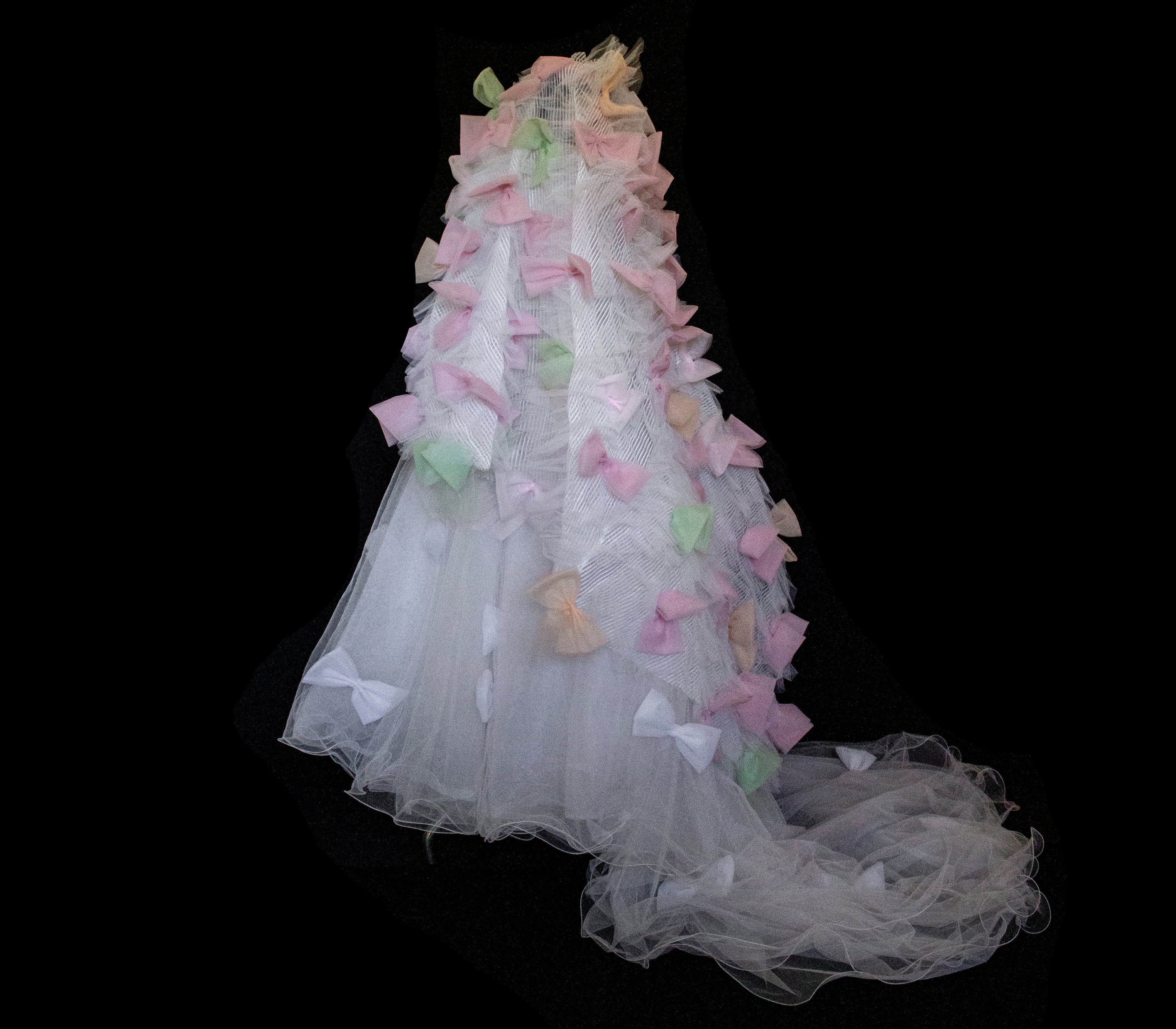 363 - VINTAGE 90s UPCYCLED TULLE 3-PIECE WEDDING DRESS: EMBROIDERED GOWN WITH HANDMADE BOWS AND CAPE
