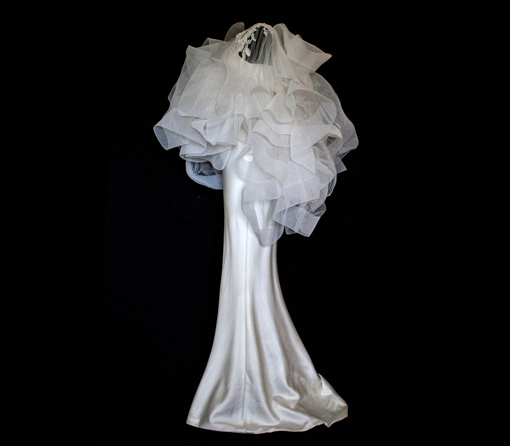 360 - VINTAGE SLIP STYLE WEDDING DRESS: CREAM FLUID SATIN GOWN WITH EMBROIDERED TULLE CAPE