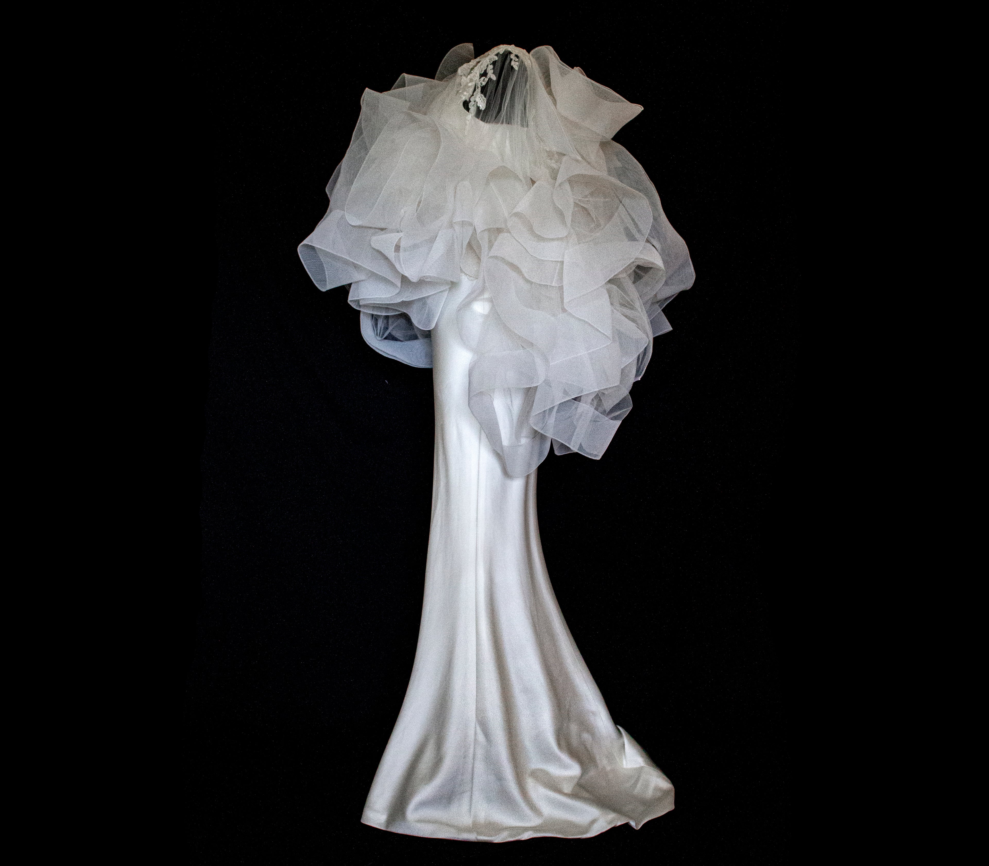 360 - VINTAGE SLIP STYLE WEDDING DRESS: CREAM FLUID SATIN GOWN WITH EMBROIDERED TULLE CAPE