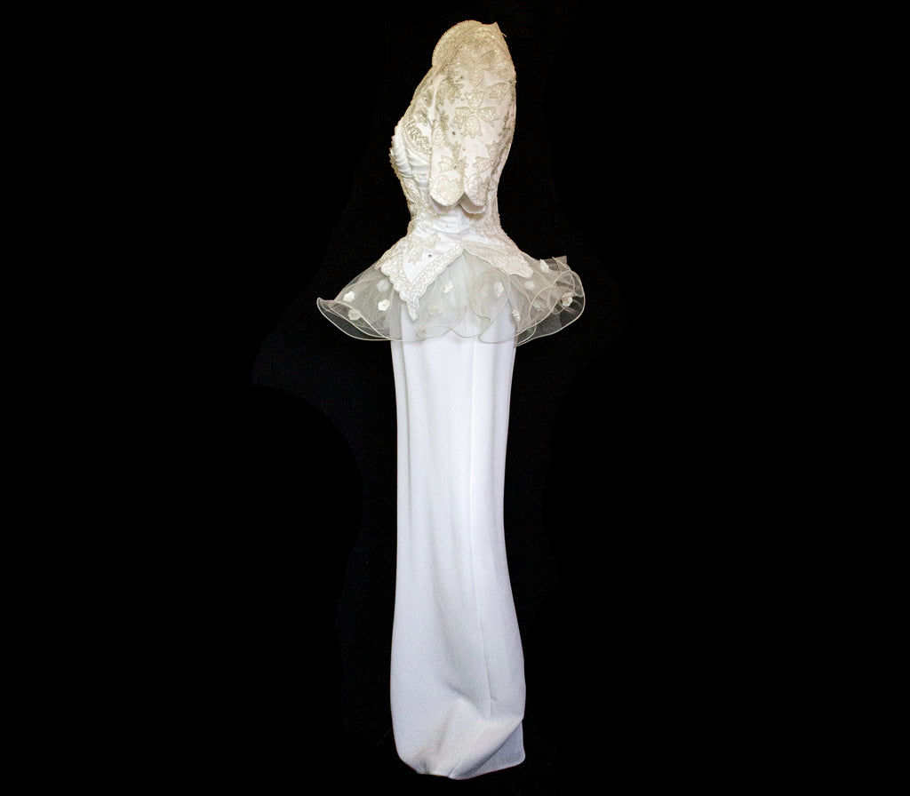 Vintage 80s Sheath Wedding Dress | Hand Embroidered Bridal Gown with Slit - 366