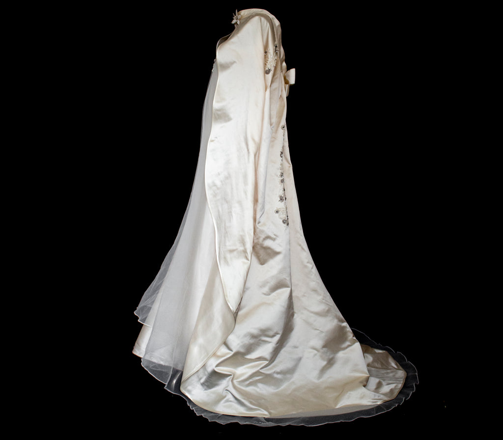 347 - UNIQUE UPCYCLED SILK SATIN WEDDING DRESS: POWDER PINK SLIP GOWN & IVORY CAPE ENSEMBLE, SILVER FLORAL EMBROIDERY, BOHO LUXURY