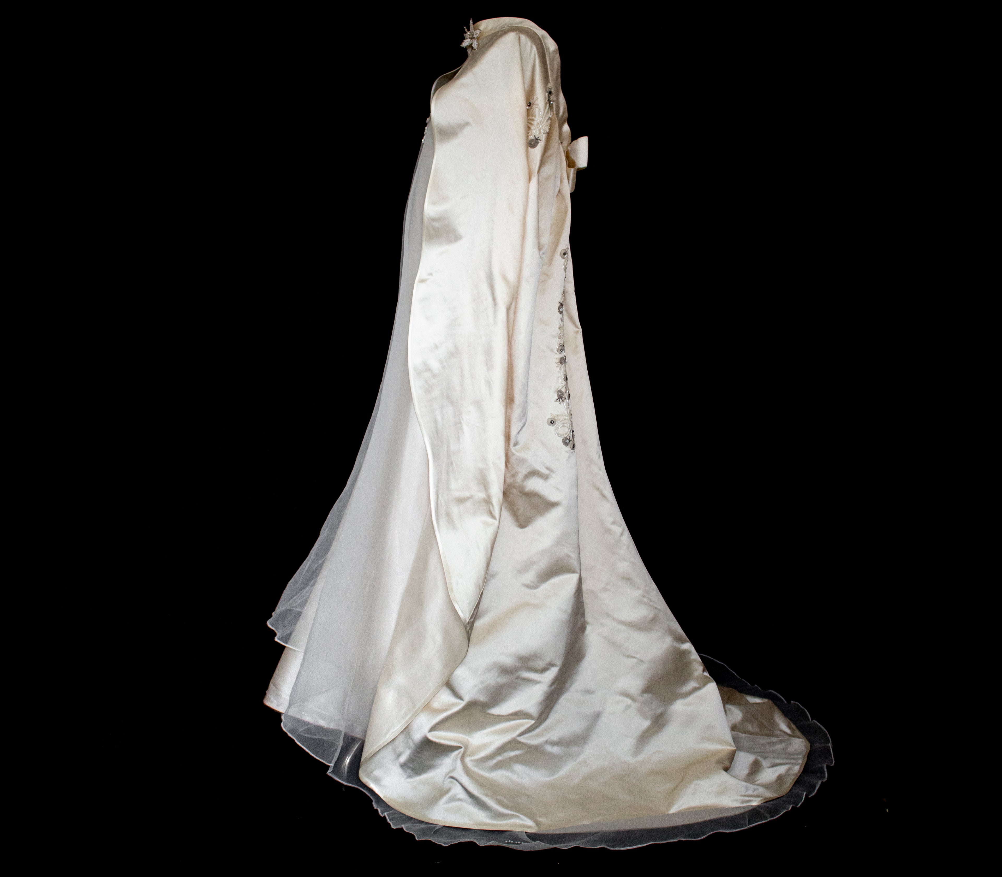 347 - UNIQUE UPCYCLED SILK SATIN WEDDING DRESS: POWDER PINK SLIP GOWN & IVORY CAPE ENSEMBLE, SILVER FLORAL EMBROIDERY, BOHO LUXURY