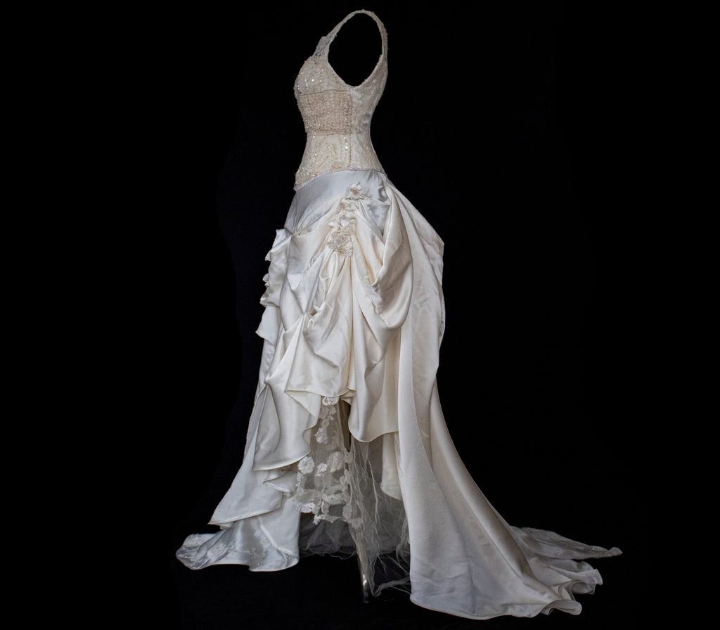 337 - IVORY CHAMPAGNE UPCYCLED COUTURE WEDDING DRESS: MIXED VINTAGE SILKS WITH HAND-EMBROIDERED LACE & FLORAL RAMAGE - Vague atelier