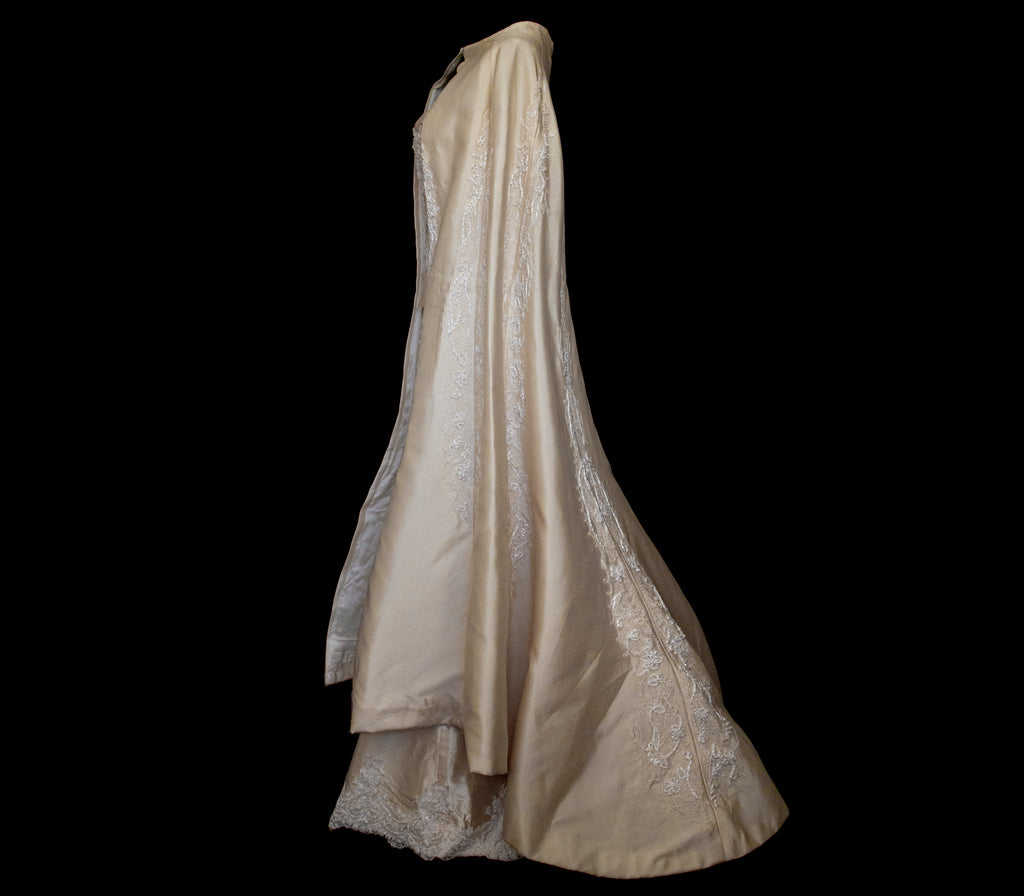 334 - IVORY SILK MIKADO VINTAGE WEDDING DRESS: COLUMN GOWN WITH EMBROIDERED CAPE & CRYSTALS - Vague atelier