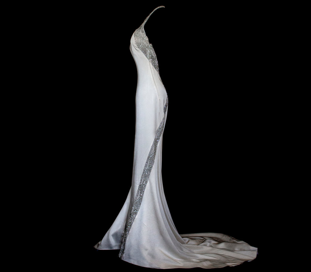 291 - OLD HOLLYWOOD VINTAGE MERMAID BRIDAL GOWN: BACKLESS SILK SATIN & ART DECO SILVER BEADING