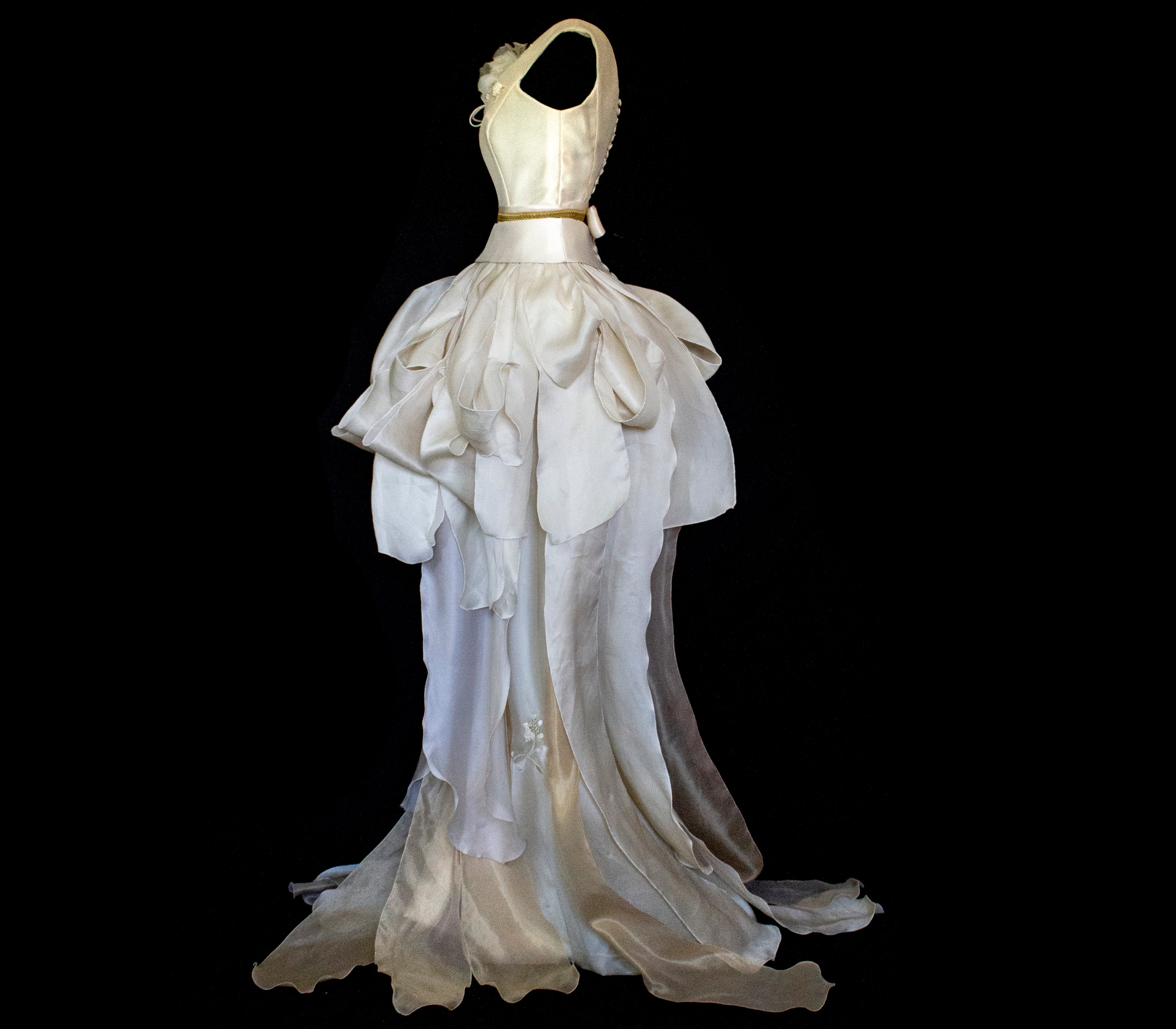 357 - VINTAGE 90s UPCYCLED SILK ORGANZA WEDDING DRESS: EMBROIDERED GOWN WITH HANDMADE FRINGE