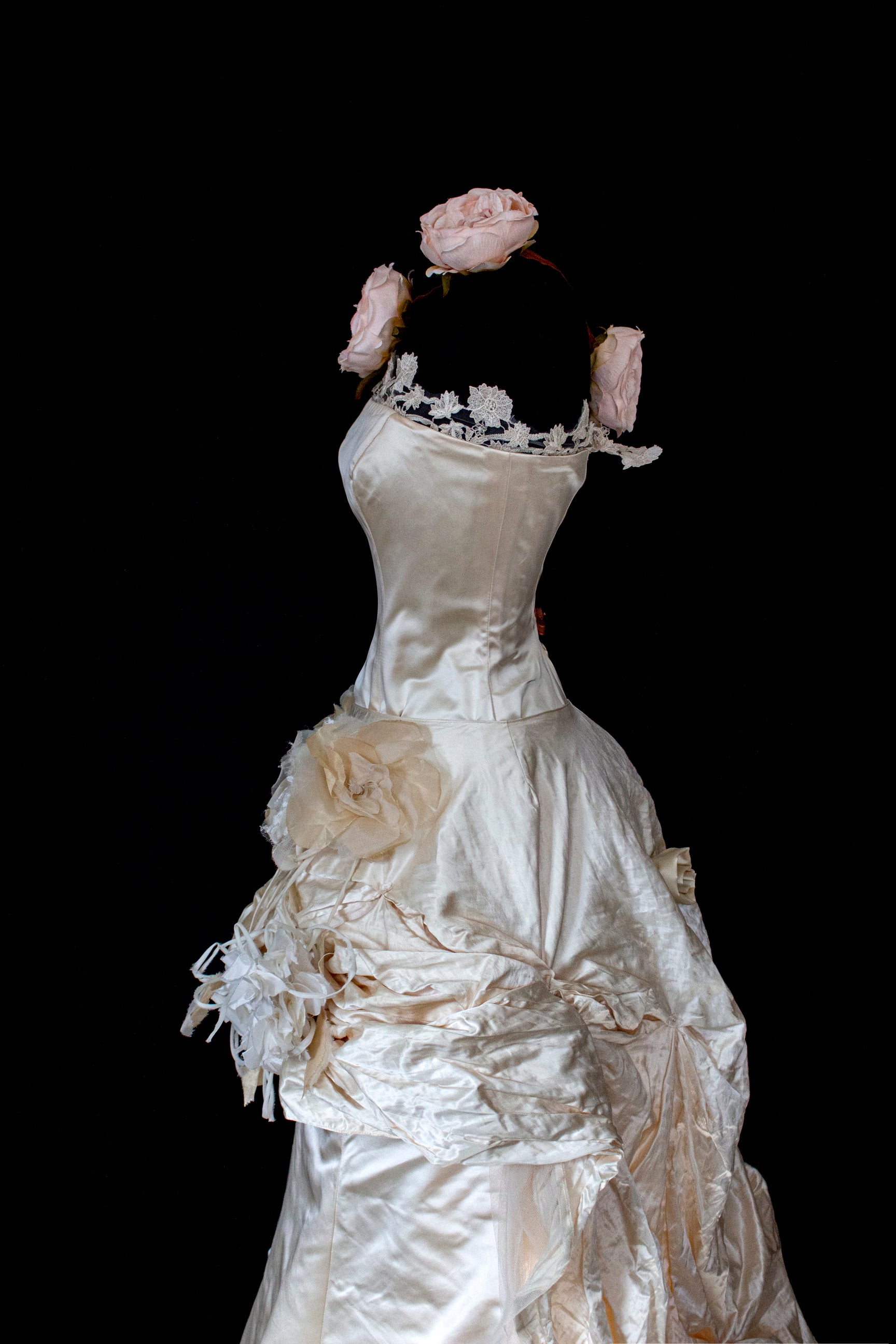 348 - UNIQUE UPCYCLED SILK MERMAID WEDDING DRESS: 90S CREAM TAFFETA GOWN WITH PINK PEONIES, EMBOSSED FLORAL DETAILS & BOHO ROMANTIC STYLE