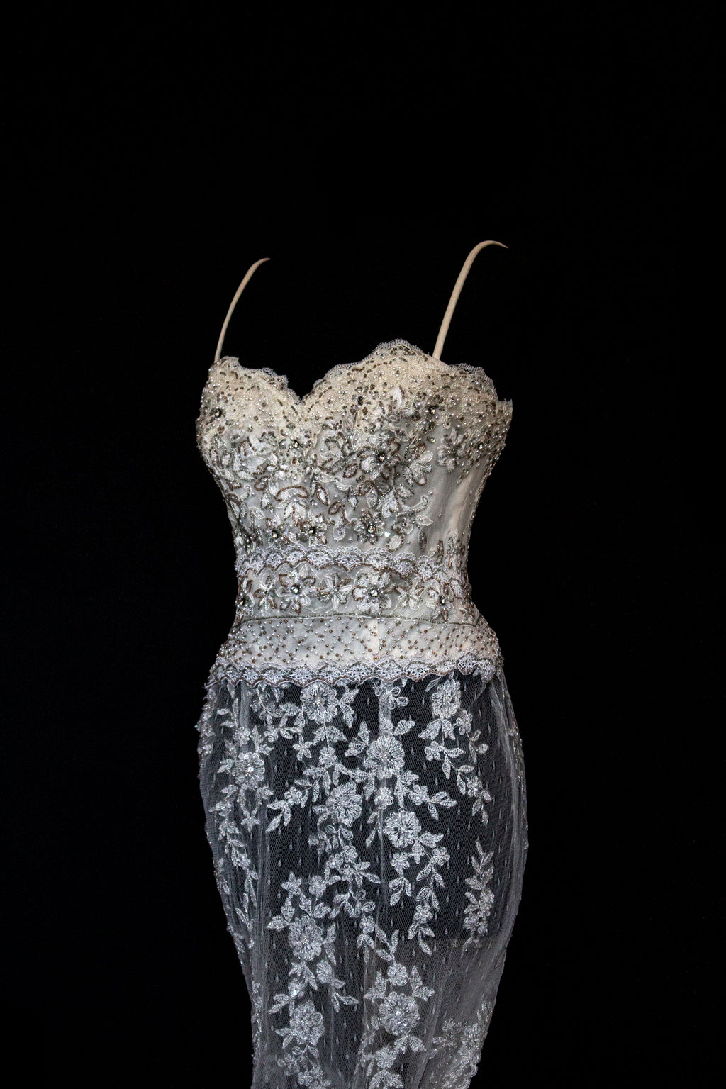 239 - VINTAGE OFF-WHITE MERMAID SWAROVSKI WEDDING DRESS: GOWN WITH NUDE POLKA DOT TULLE & SILVER FLORAL EMBROIDERY