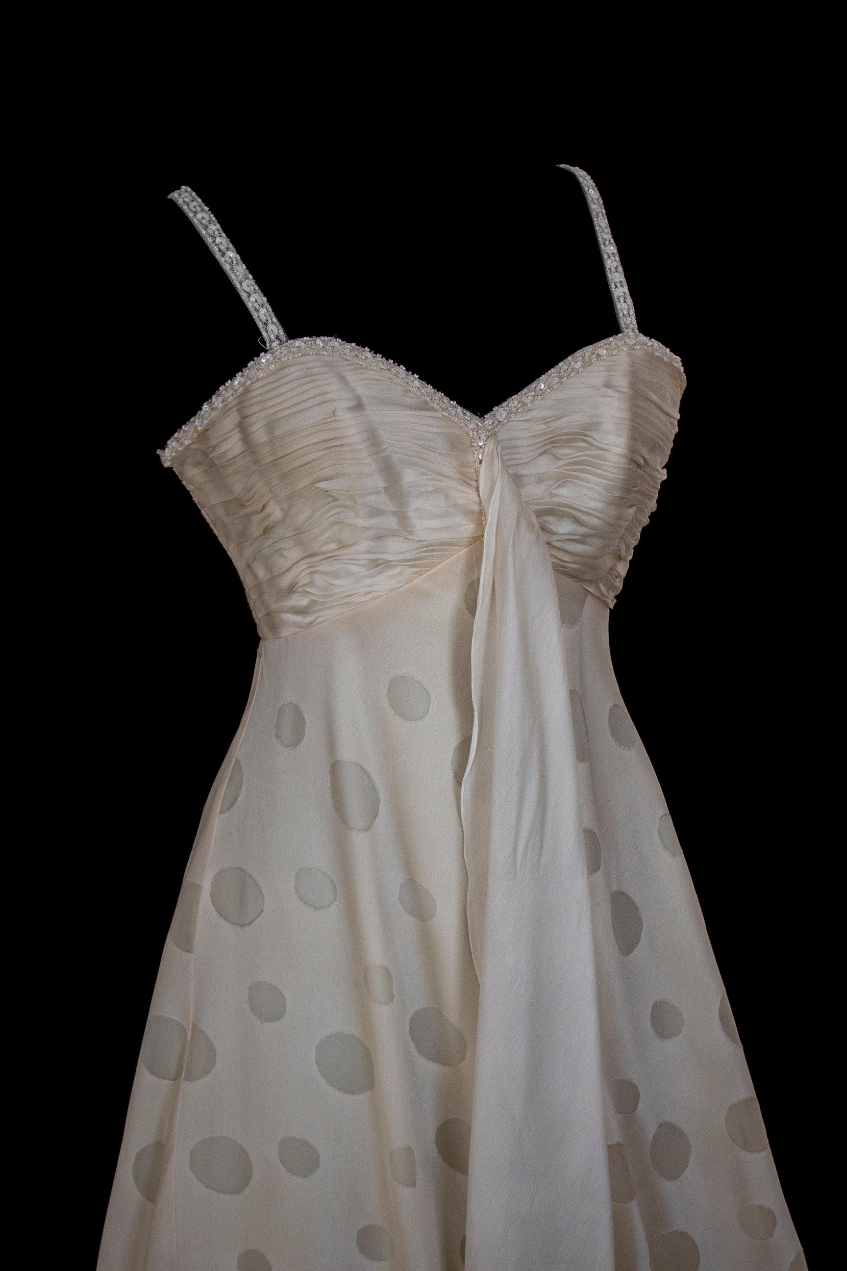 338 - IVORY CHAMPAGNE SILK ORGANZA WEDDING DRESS: POLKA / POIS DOT EMPIRE GOWN WITH BEADED STRAPS & FULL CIRCLE TRAIN - Vague atelier
