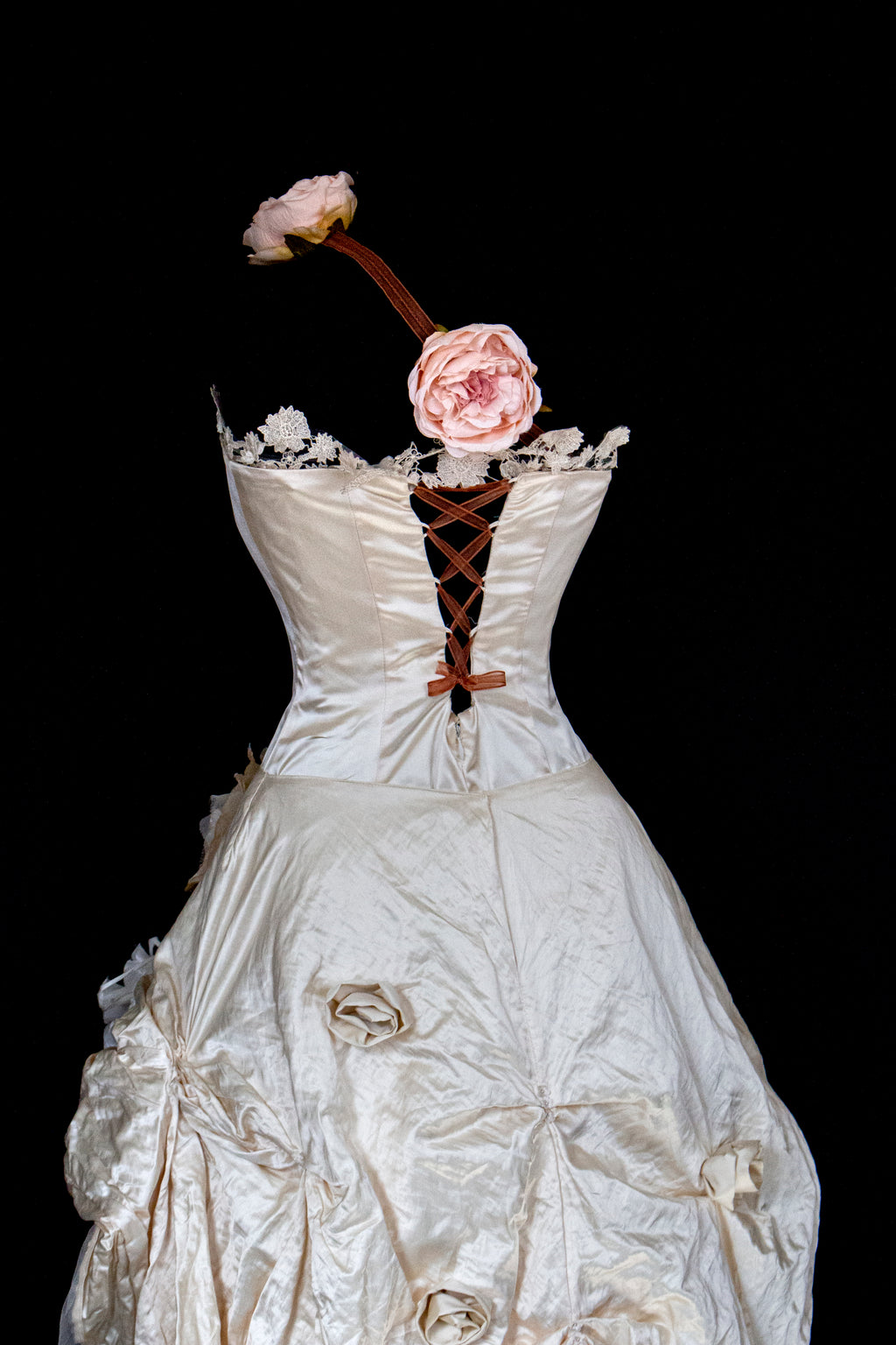 348 - UNIQUE UPCYCLED SILK MERMAID WEDDING DRESS: 90S CREAM TAFFETA GOWN WITH PINK PEONIES, EMBOSSED FLORAL DETAILS & BOHO ROMANTIC STYLE